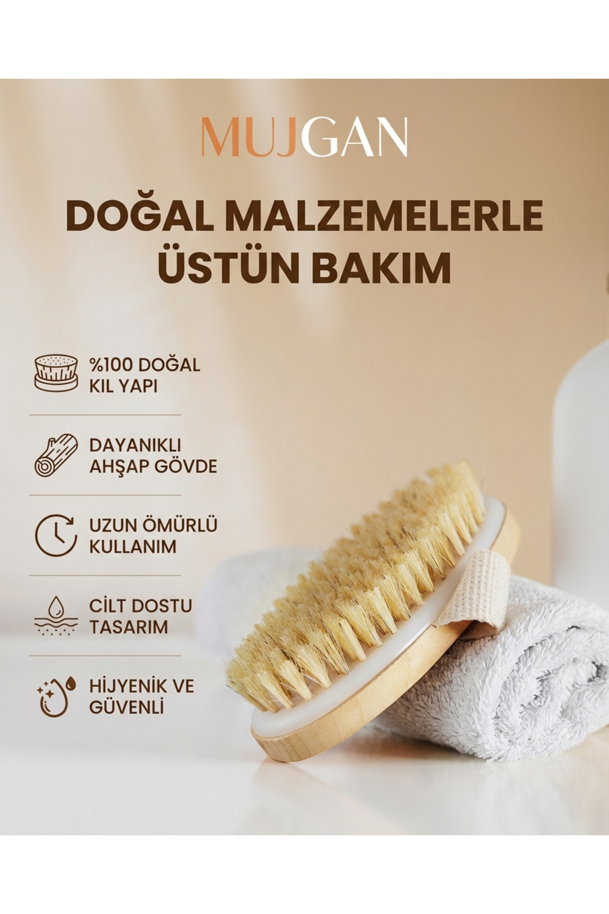 MUJGAN Doğal Kıl Vücut Fırçası – Kuru Fırçalama İçin Ahşap Masaj Fırçası, Cilt Bakım ve Peeling Etkili — MDAKSF