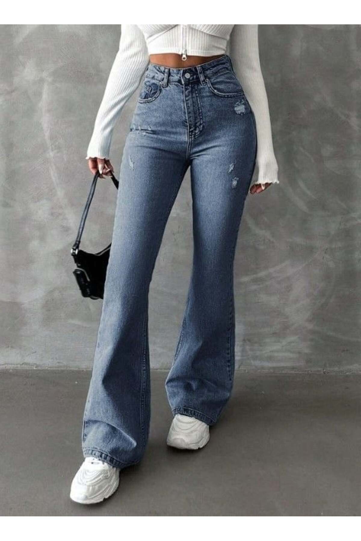 HerTon  Yüksek Bel İspanyol Paça Jean Pantolon - Eskitme Detaylı Full Pamuklu Flare Denim