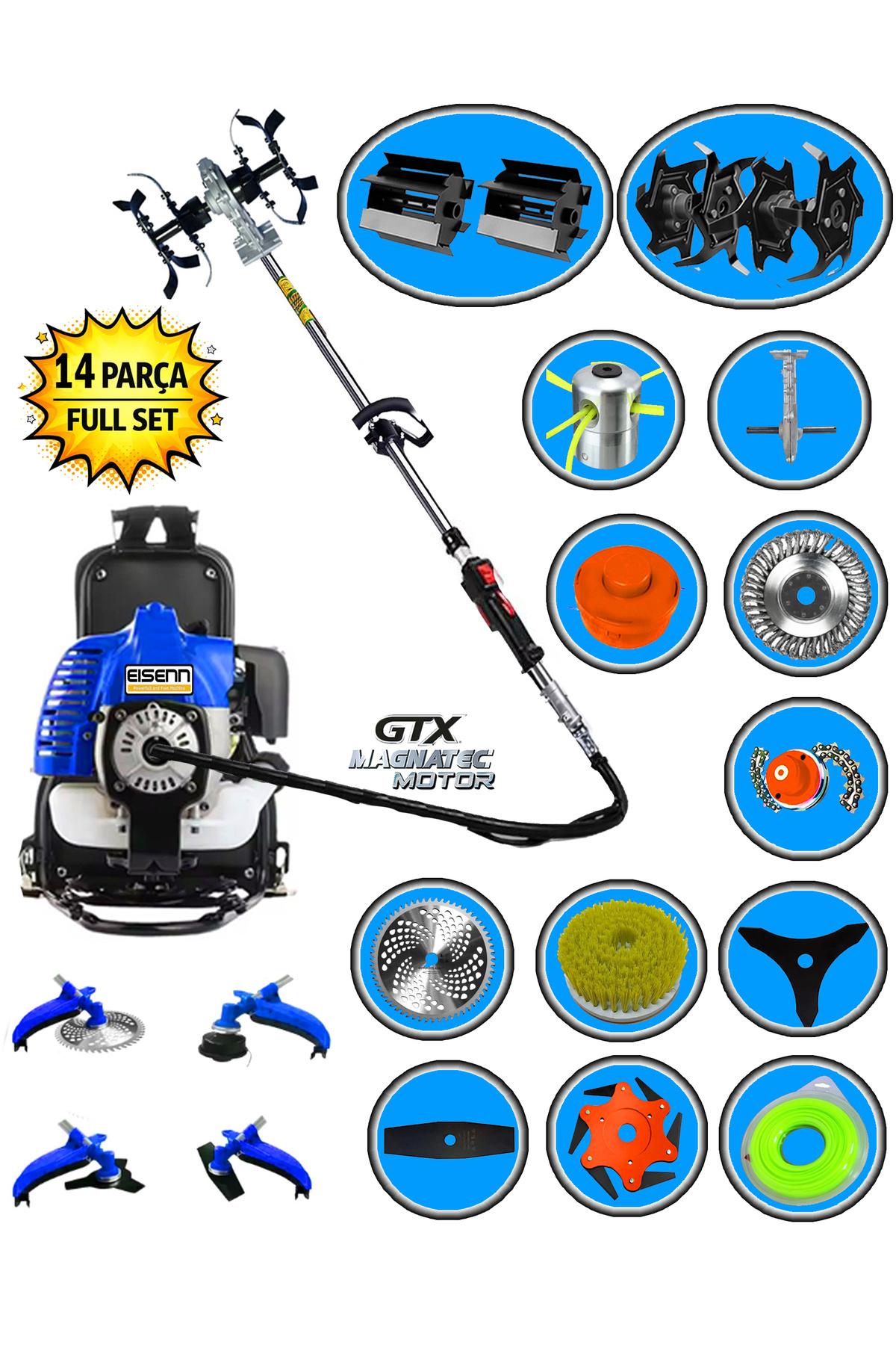 しーせん Eisenn German 14 Pcs Full Set Esx-900 Turbo Sırt Tipi Çim Ot Çalı
