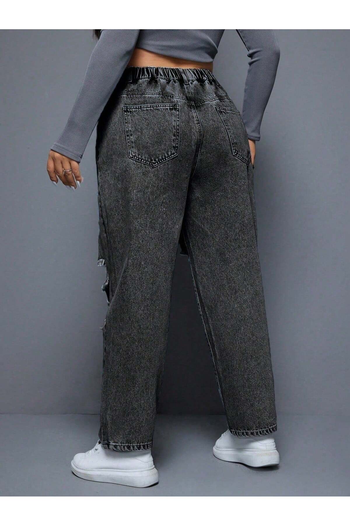 HerTon  Kadın Yırtık Detaylı Mom Jean Pantolon – Yüksek Bel Vintage Denim Rahat Kesim Trend Pantolon - Görsel 4