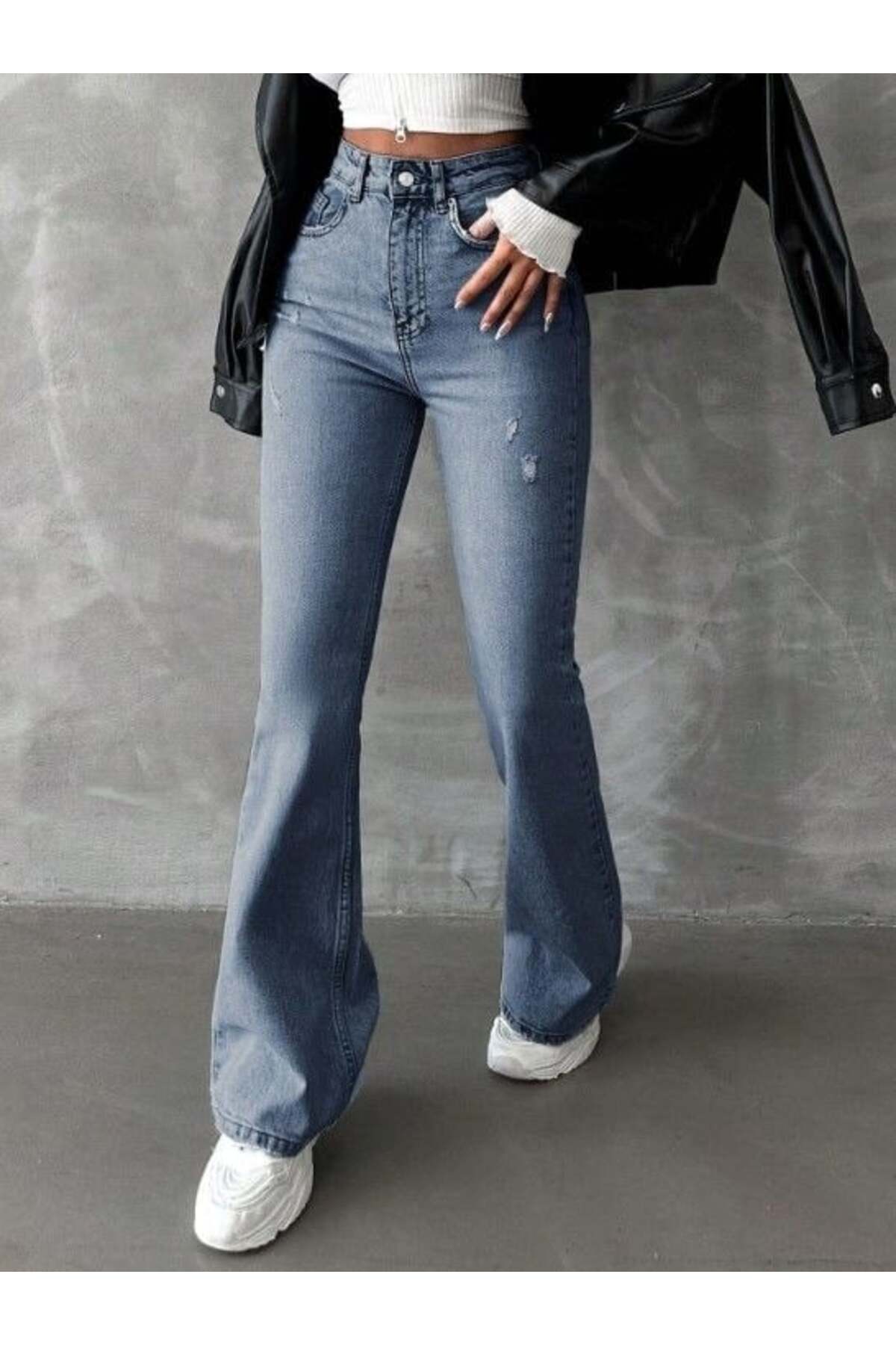 HerTon  Yüksek Bel İspanyol Paça Jean Pantolon - Eskitme Detaylı Full Pamuklu Flare Denim - Görsel 4