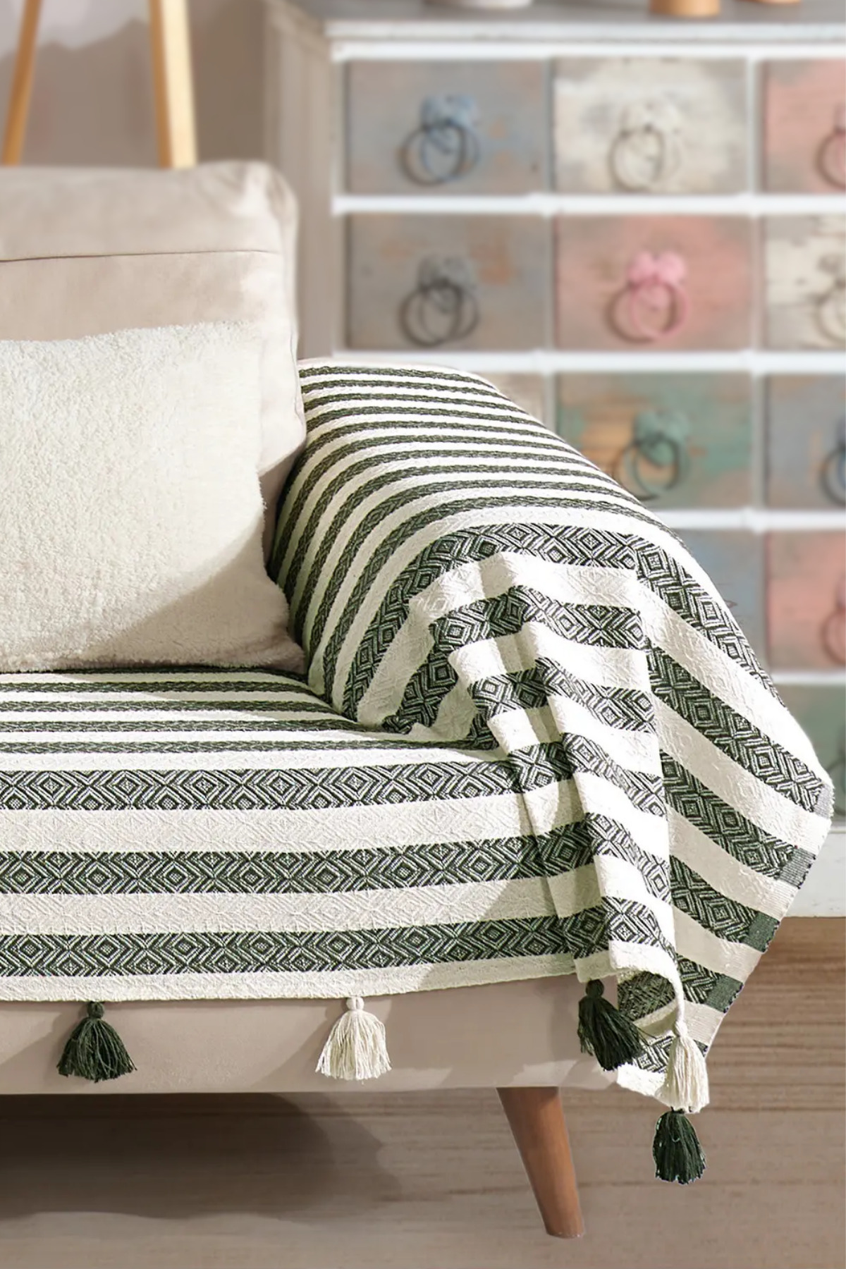 Pera Khaki Tasseled Arm Seat Cover 300x110 cm 3m Size Pompom Sofa Sofa Bed