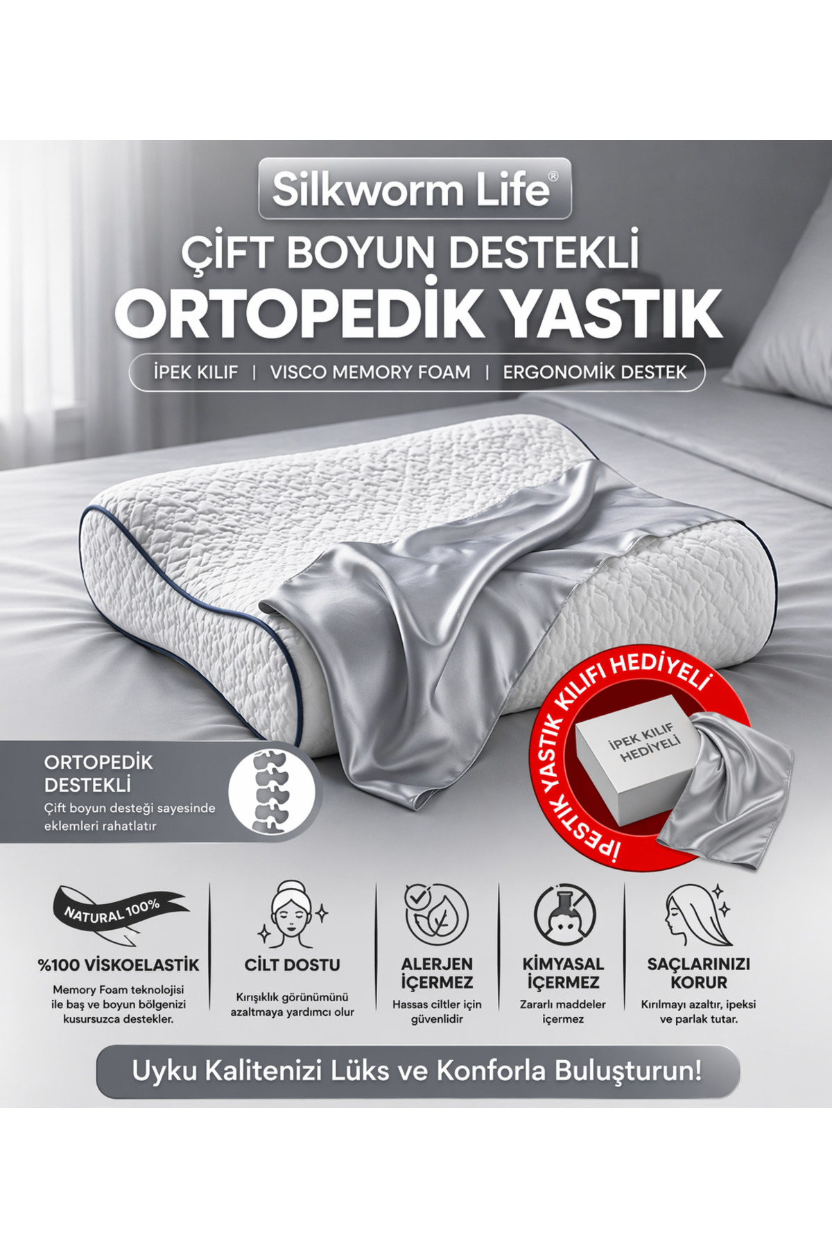 ORTHOPEDIC VİSCO PILLOW WITH SILVER GREY 100% SILK SHEATH [ 40 x 60 x 14 cm)