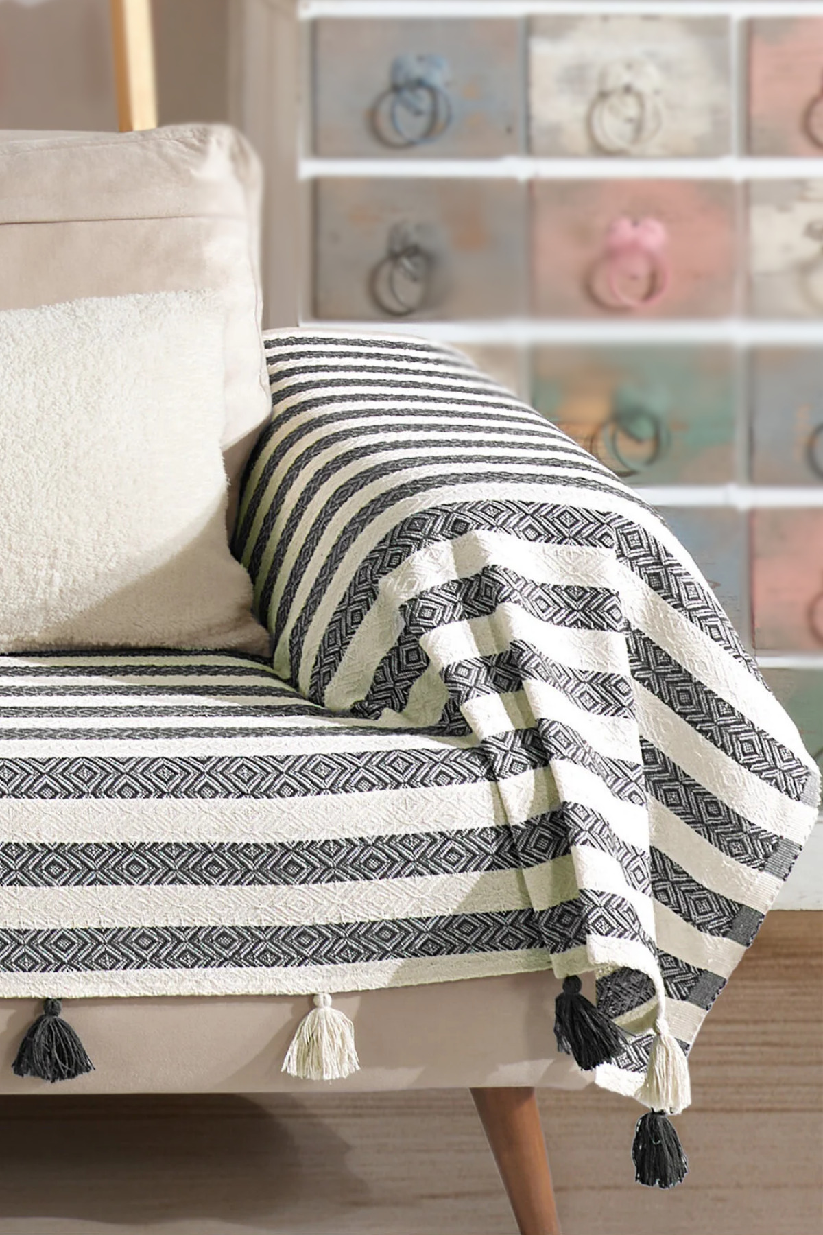 Pera Seat Cover Covering Tasseled Arms of Anthracite 300x110 cm 3m Size Pompom Sofa Sofa Bed
