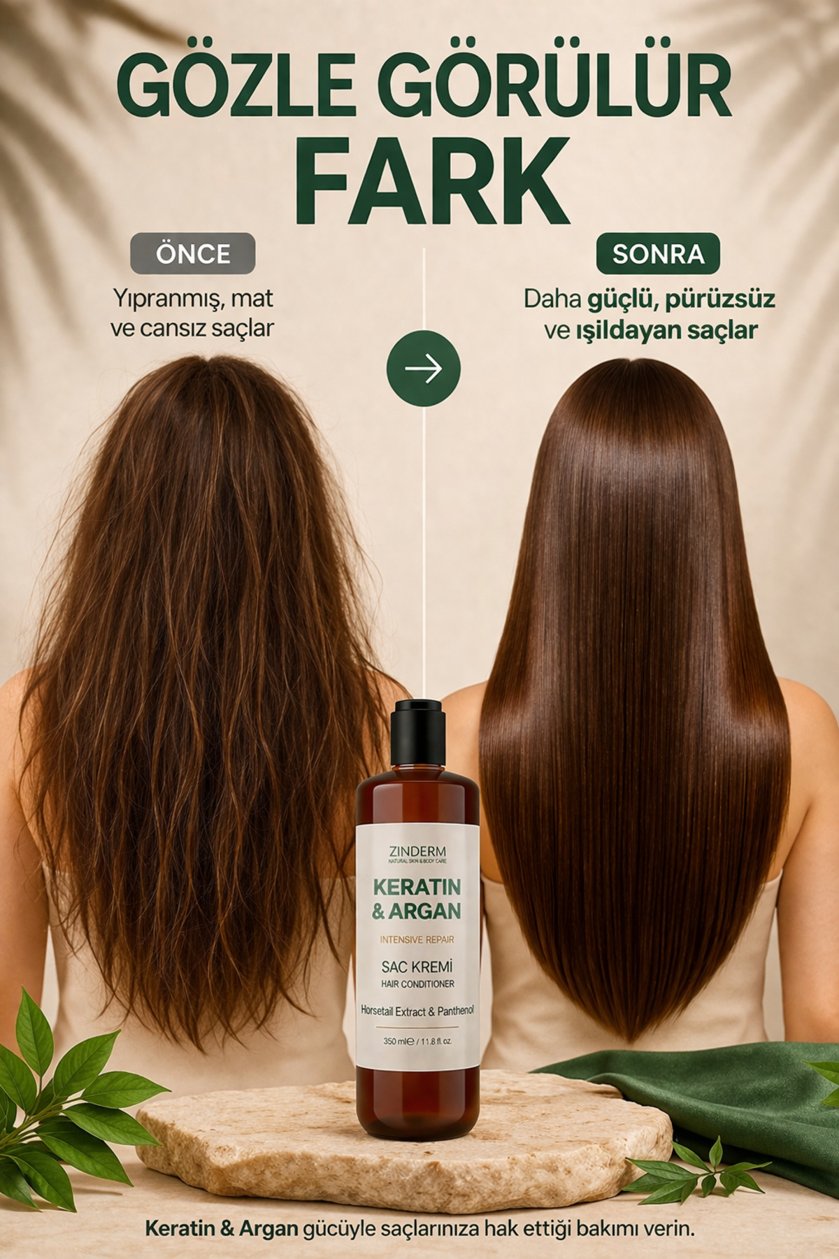 Elektriklenme Karşıtı & Kabarma Önleyici Keratin & Argan & At Kuyruğu Onarıcı Saç Bakım Kremi 350 ml — zindermhaircond — تصویر 3 از 5