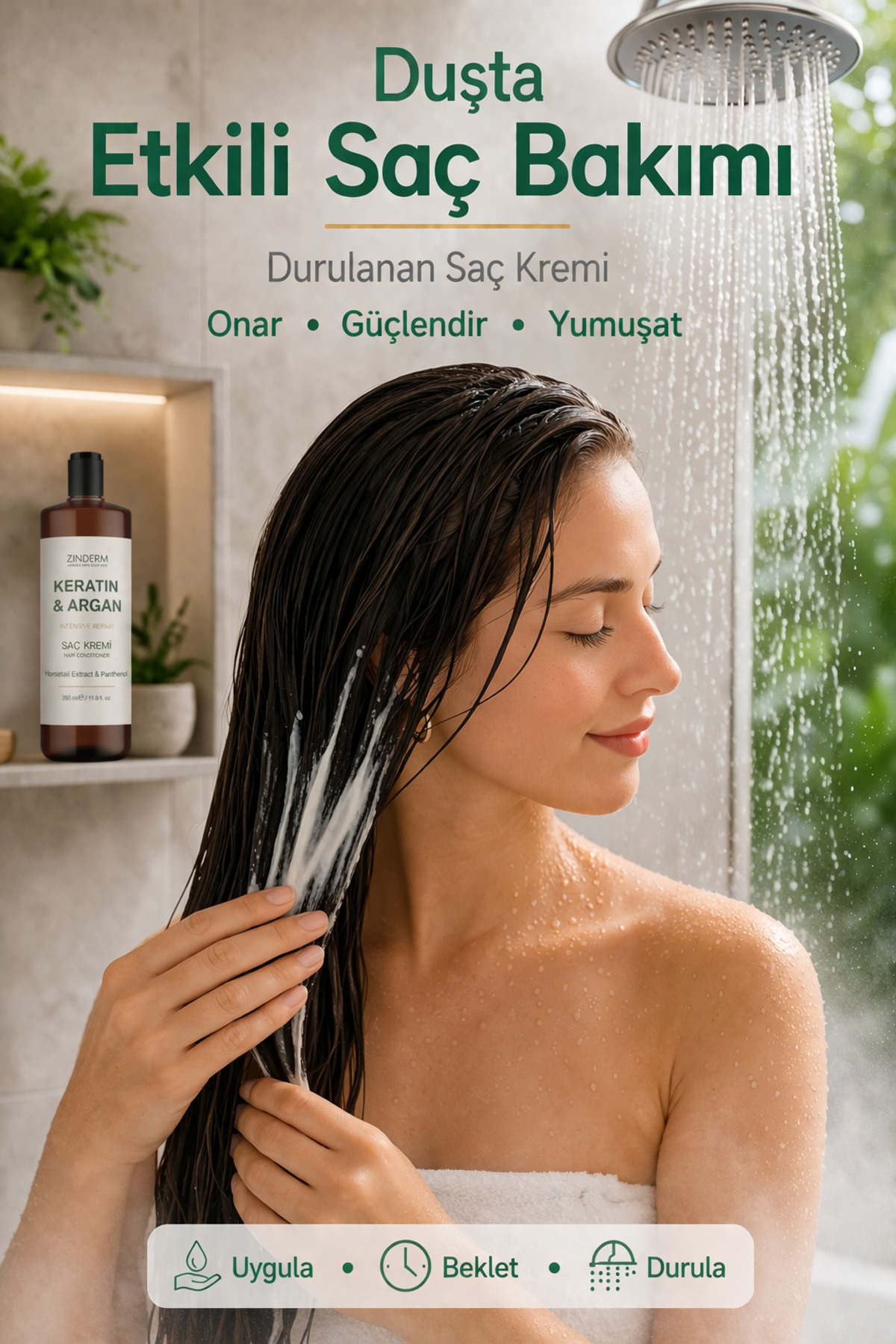 Elektriklenme Karşıtı & Kabarma Önleyici Keratin & Argan & At Kuyruğu Onarıcı Saç Bakım Kremi 350 ml — zindermhaircond — تصویر 2 از 5