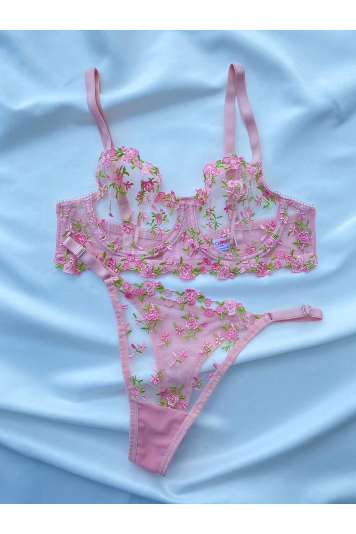 BanaTAP  Prenses Yumuşacık Pembe Çİçekli Dantel Detaylı Balenli Sütyen&Tanga İç Çamaşır Takımı - Görsel 3