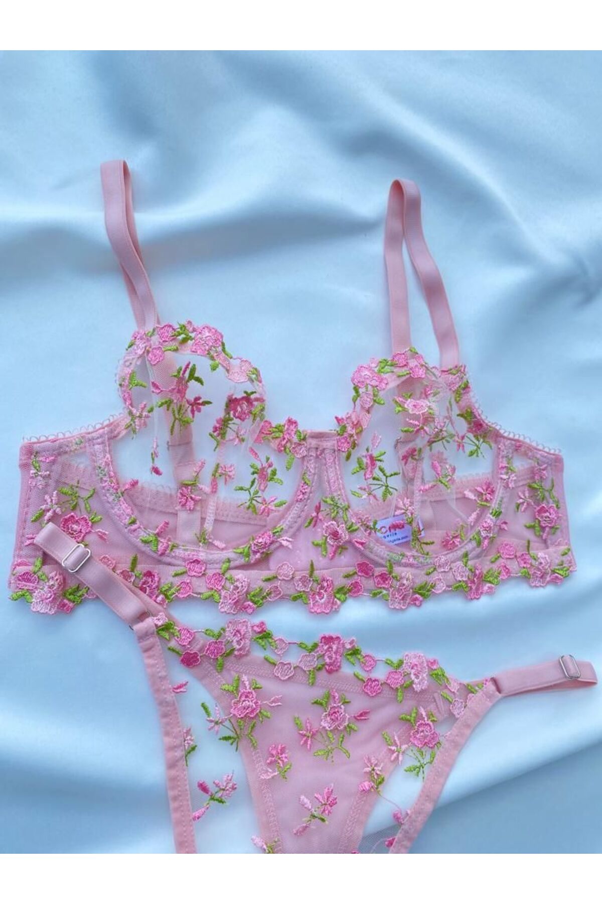 BanaTAP  Prenses Yumuşacık Pembe Çİçekli Dantel Detaylı Balenli Sütyen&Tanga İç Çamaşır Takımı - Görsel 5