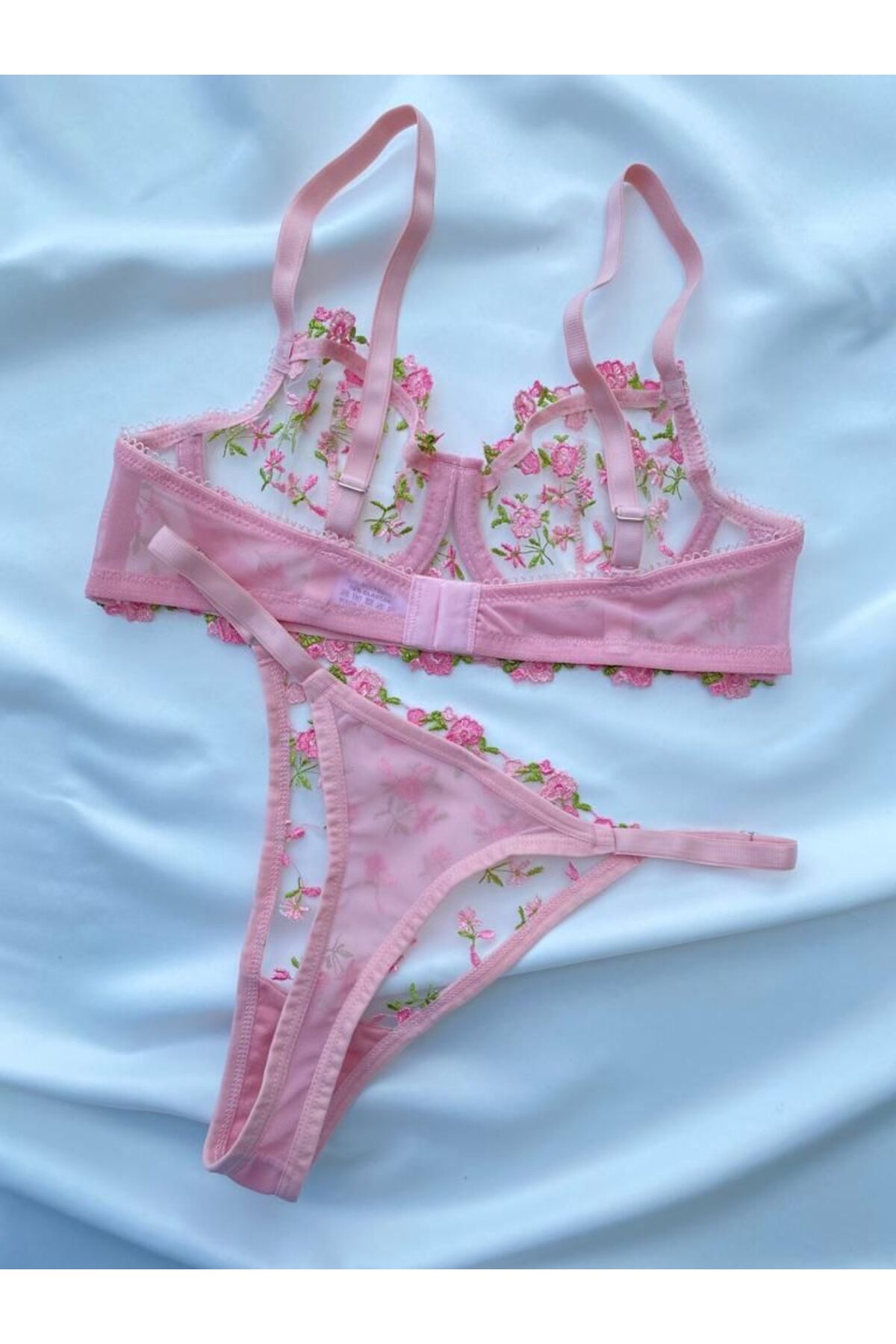 BanaTAP  Prenses Yumuşacık Pembe Çİçekli Dantel Detaylı Balenli Sütyen&Tanga İç Çamaşır Takımı - Görsel 4