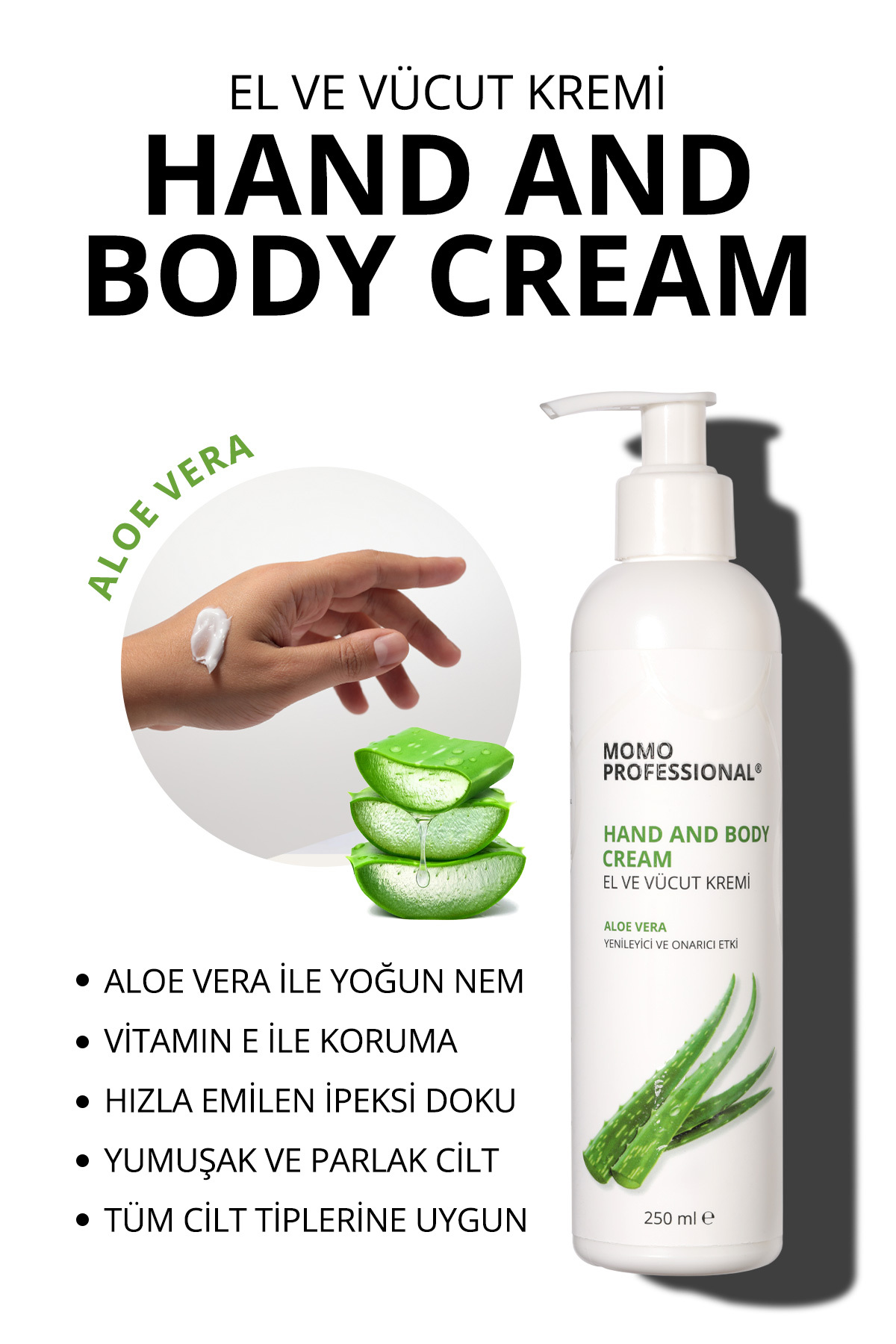 MOMO professional El ve Vücut Kremi Aloe Vera Özlü, Yoğun Nemlendirici, Yenileyici ve Onarıcı Etki, 250 ml — 1900107G02S11IN01