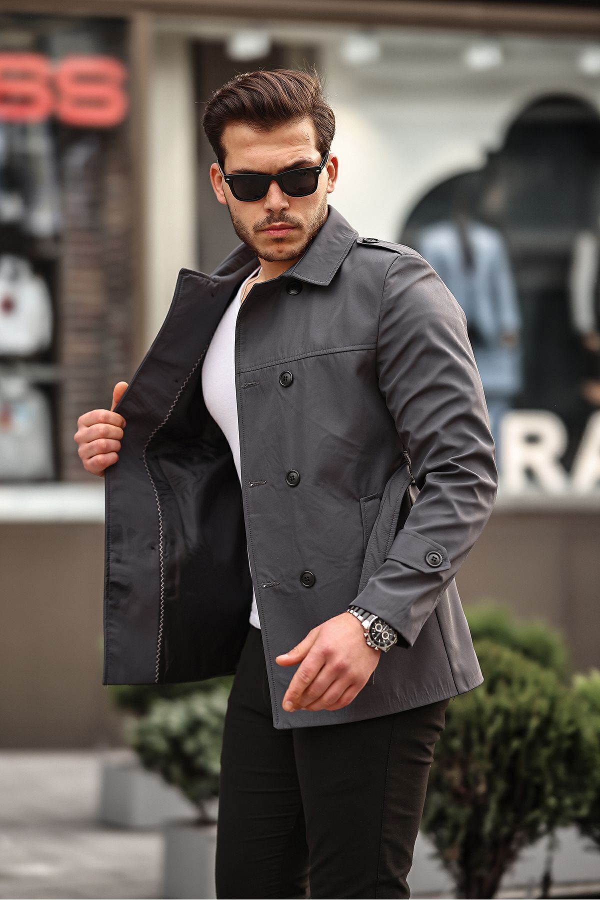 Mero Life  Erkek Gri Mevsimlik Astarlı Kemerli Kruvaze Trençkot - Görsel 4