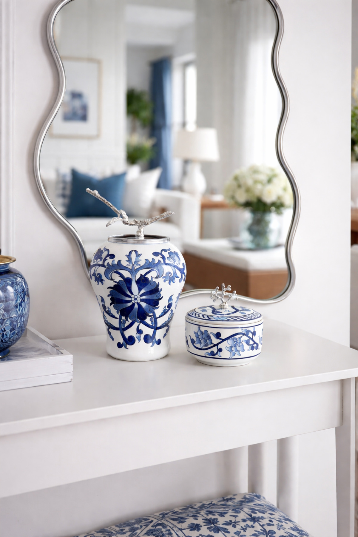 Decorative Object Full Set Blue Floral King Cube Blue Floral Object SILVER - Feray Home