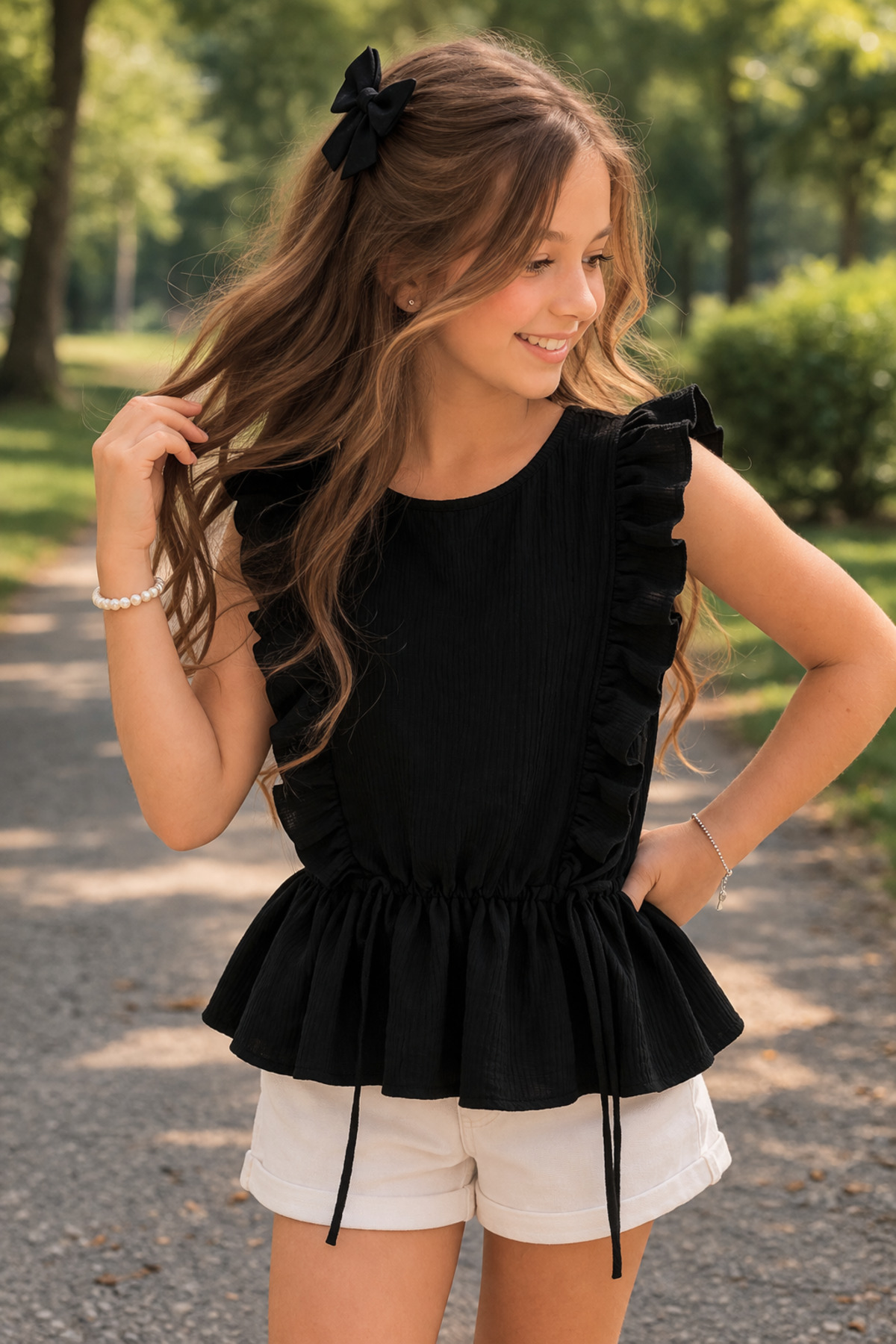 Crew Neck Ruffle Sleeve Frilly Waist Elastic Detail Black Color Girls Blouse