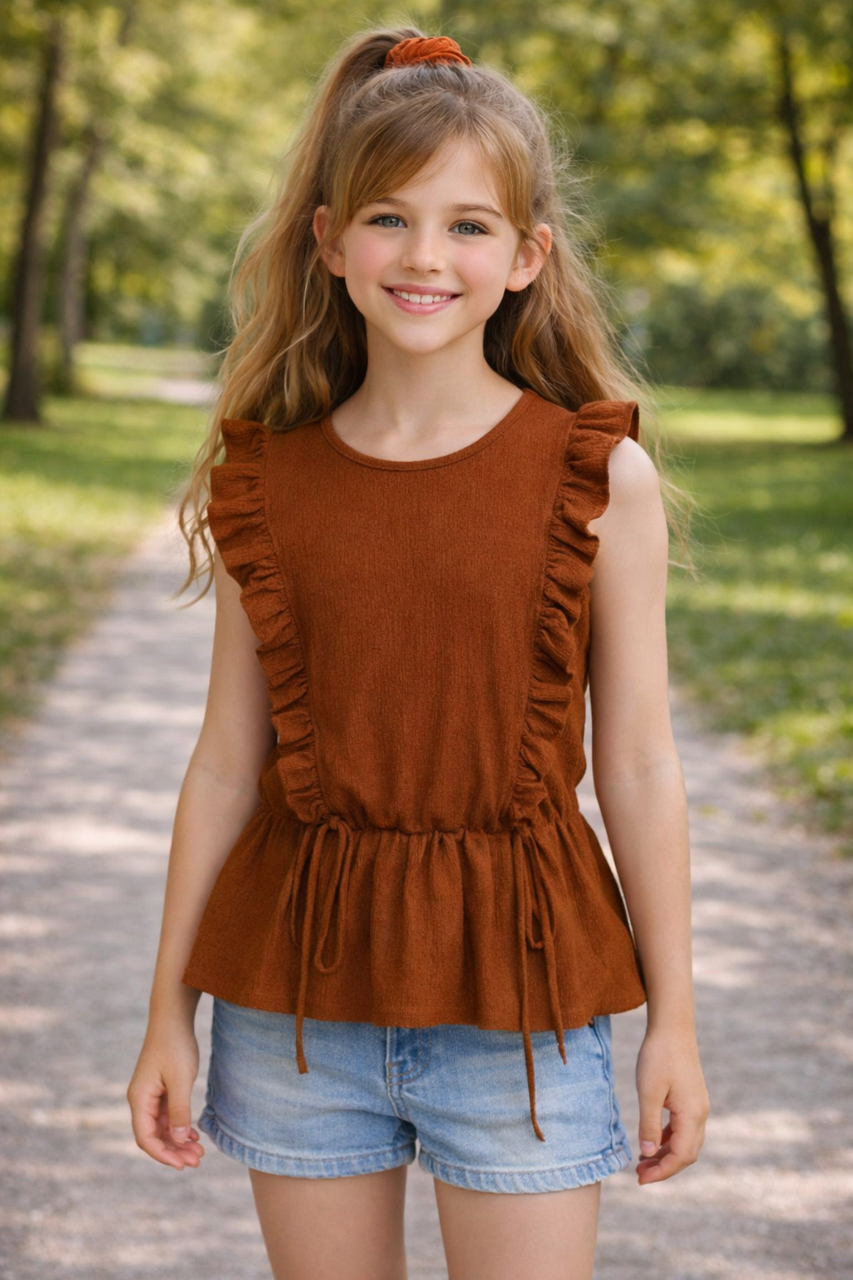 Crew Neck Ruffle Sleeve Frilly Waist Elastic Detailed Brown Color Girls Blouse