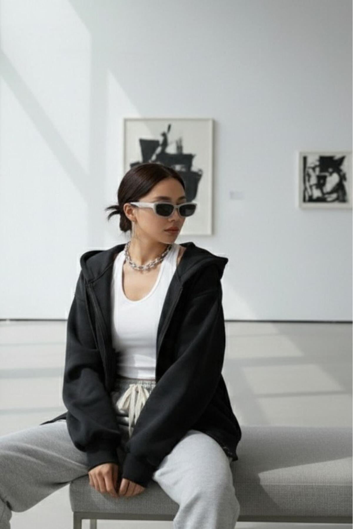 NO 601  Kadın Siyah Kalın Kışlık Kumaş Fermuarlı Kapşonlu Ceket - Görsel 5