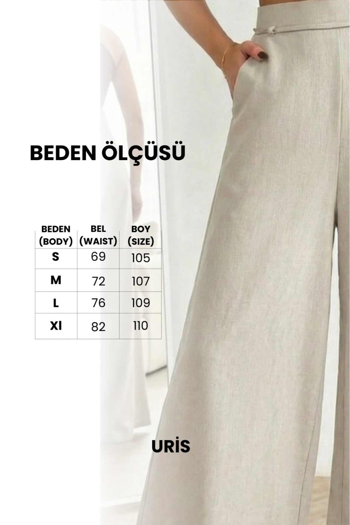 URİS  Kadın Taş Bağcıklı Yüksek Bel Rahat Kesim Bol Paça Sofya Keten Pantolon - Görsel 5