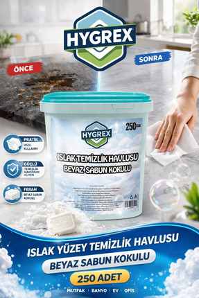 HYGREX Yüzey Temizlik Havlusu Beyaz Sabun Kokulu Islak Kova Mendil 250 Adet E...