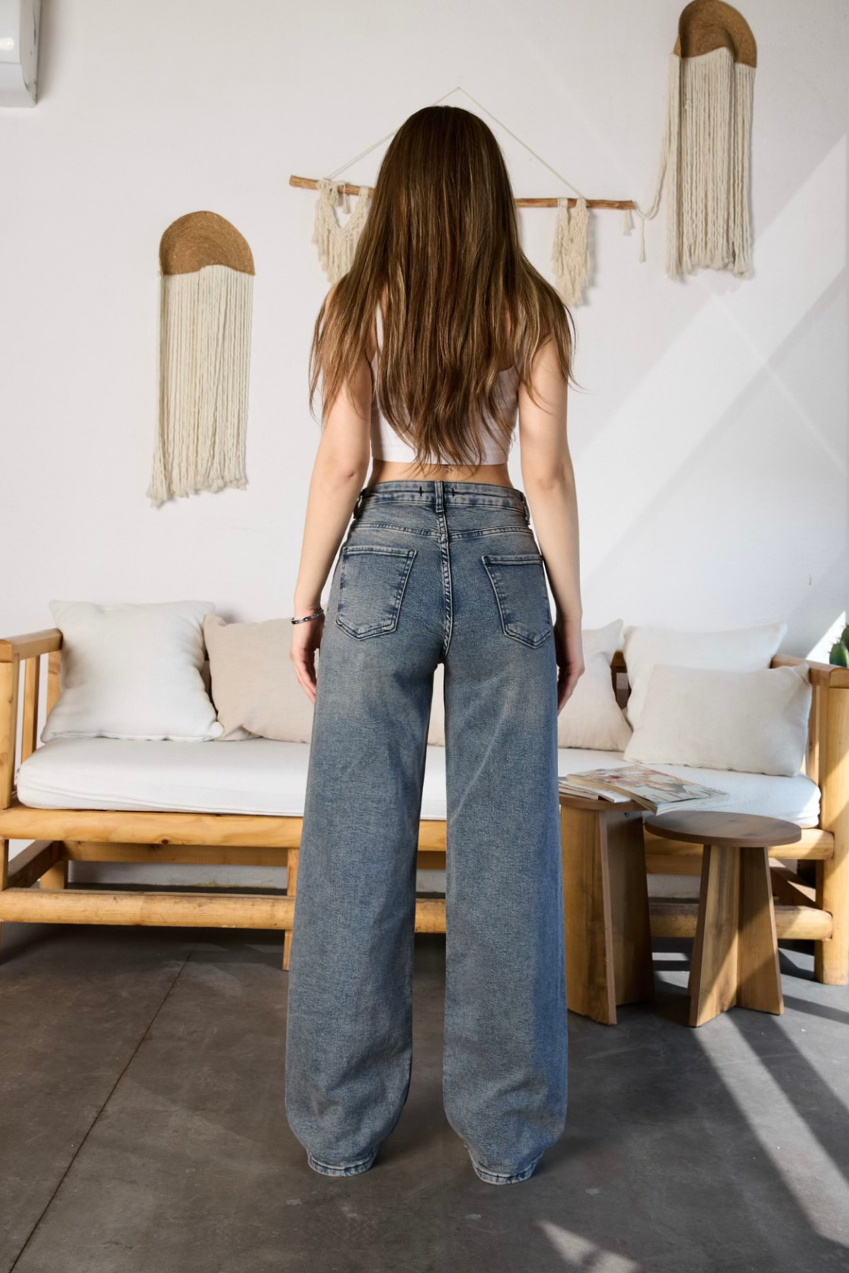 Kadın Soluk Efekt Vintage Yüksek Bel Wide Leg Jeans gök mavi 6