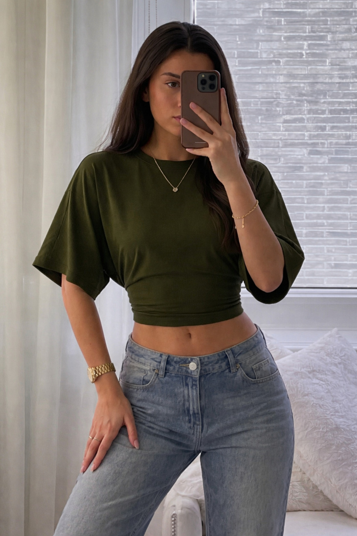 COMBİNE MİCHAİL  Kadın Vücuda Oturan Geniş Kol Haki Bluz - Görsel 2