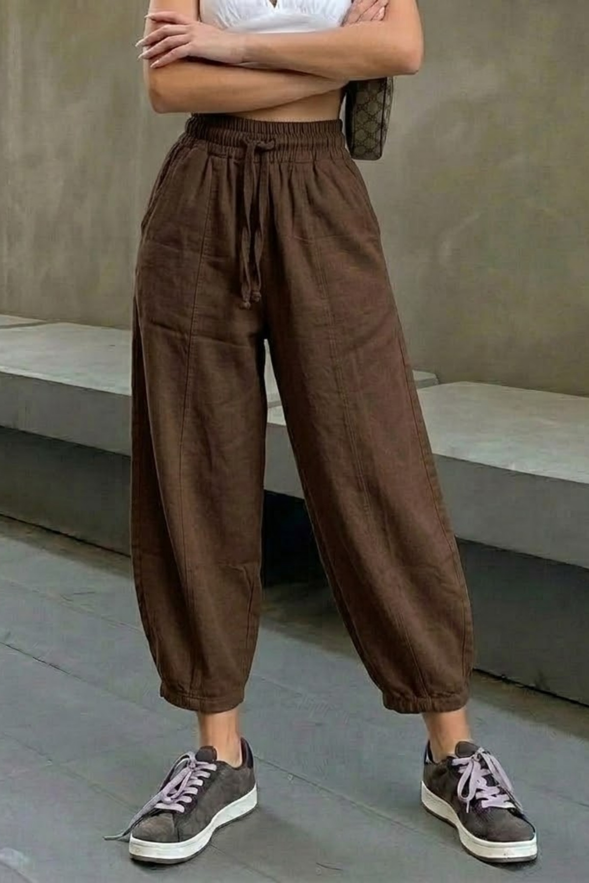 Women's Elastic Waist Coffee Shalwar Trousers