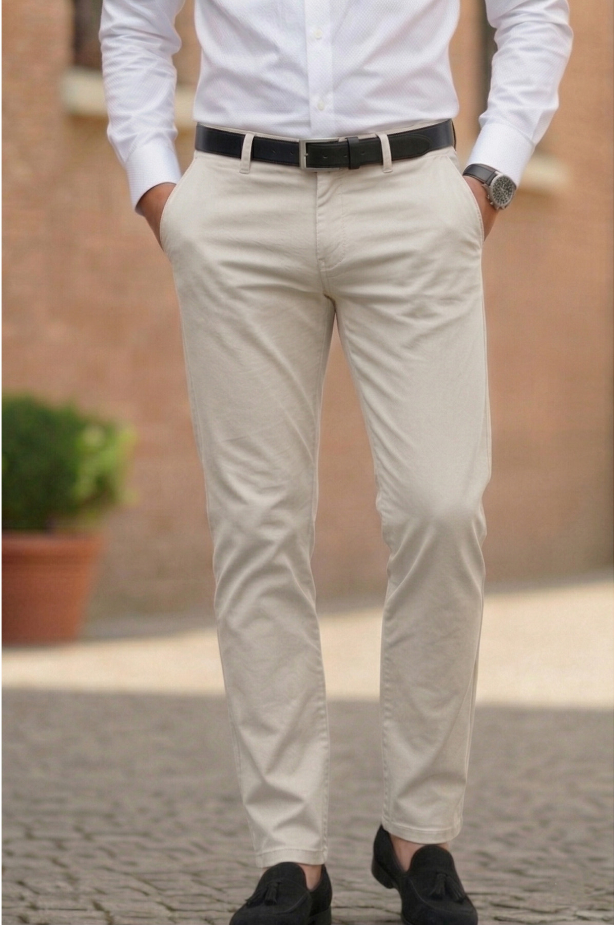 TheSeason Erkek Bej Gabardin Pamuklu Slim Fit Esnek Ofis Stili Chino Pantolon