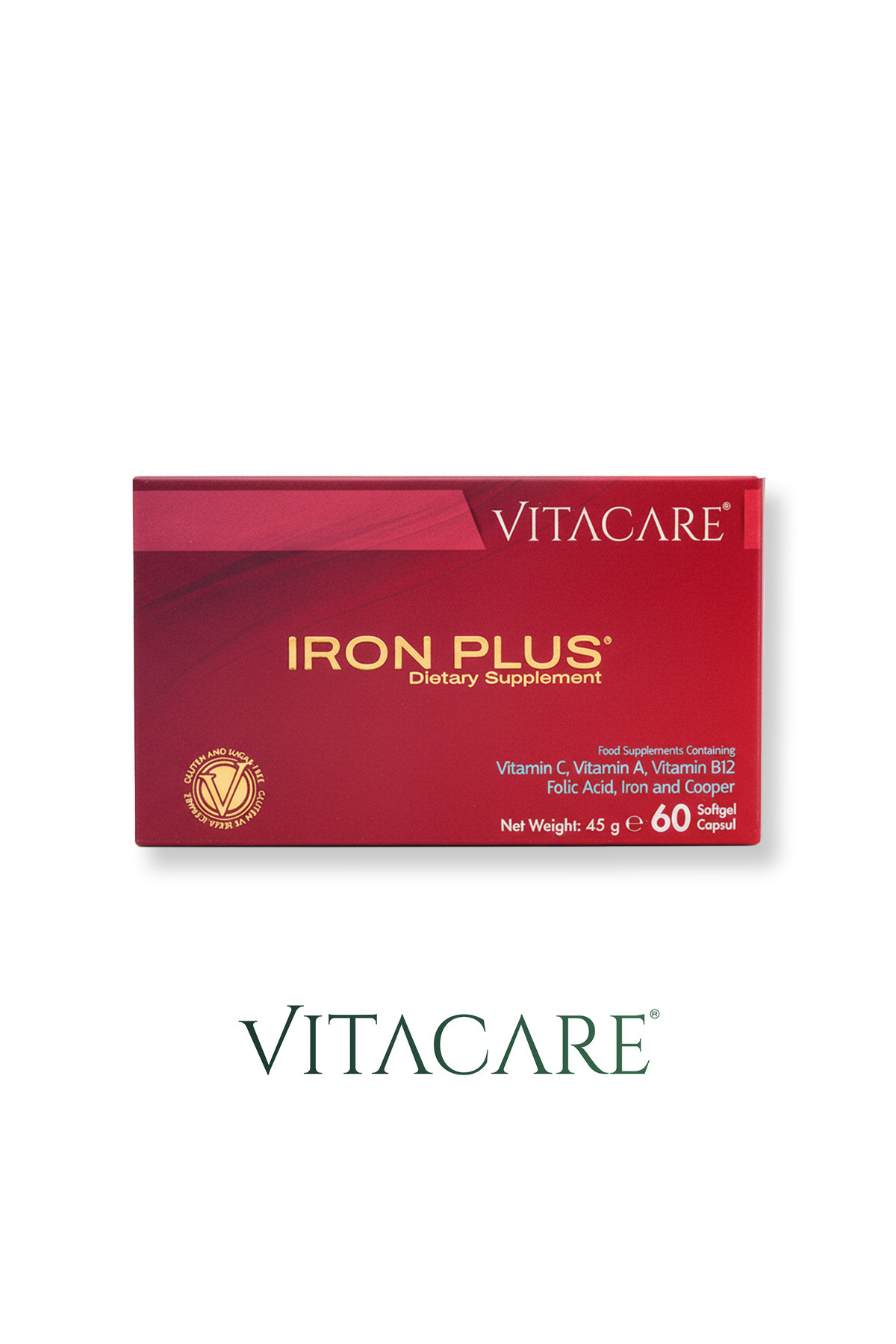 Vitacare Iron Plus 20 mg 60 Tablet, Demir, Vitamin C, B12, Folik Asit, Enerji...