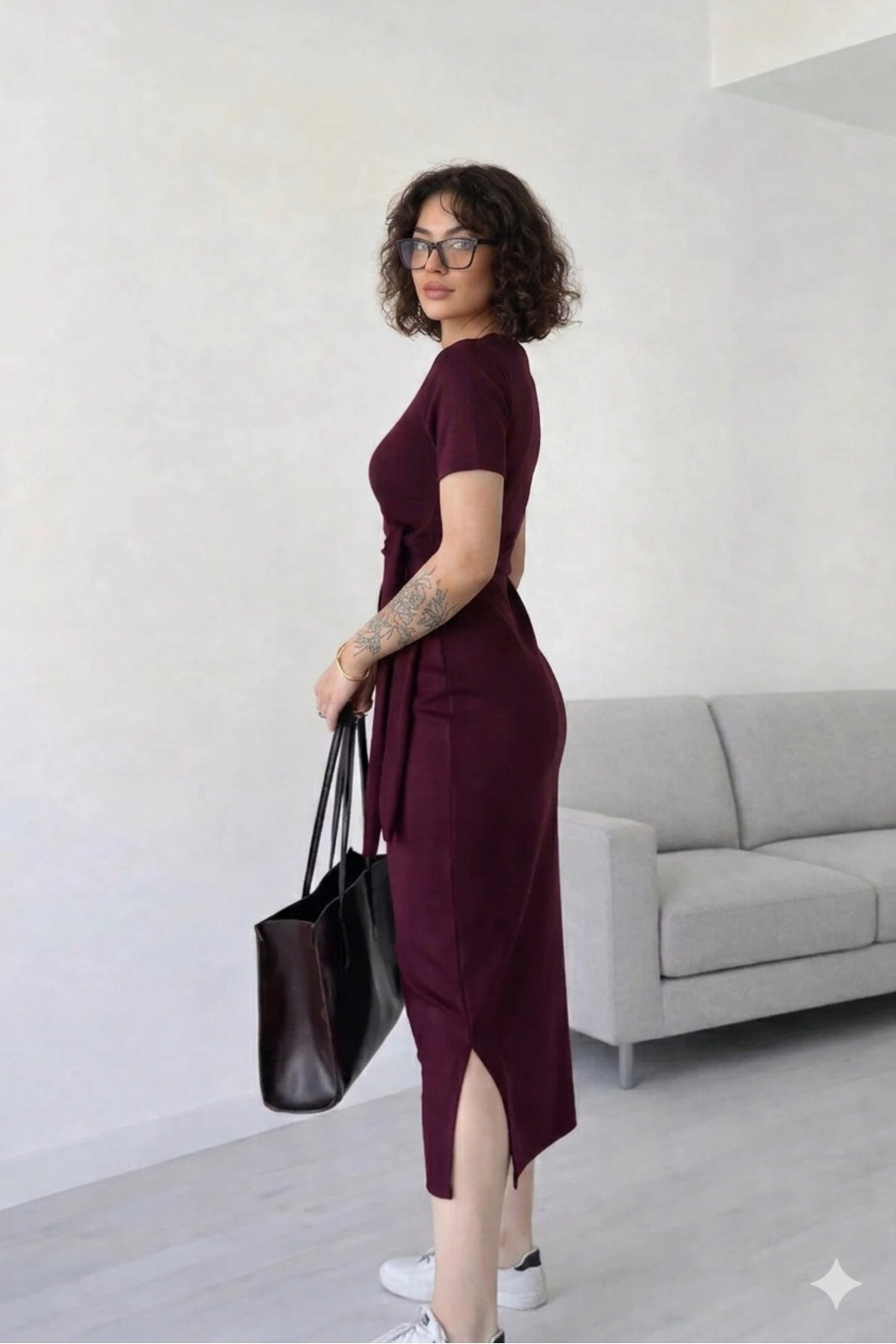 MODAF  Kadın Bordo Yandan Bağlamalı Elbise - Görsel 2