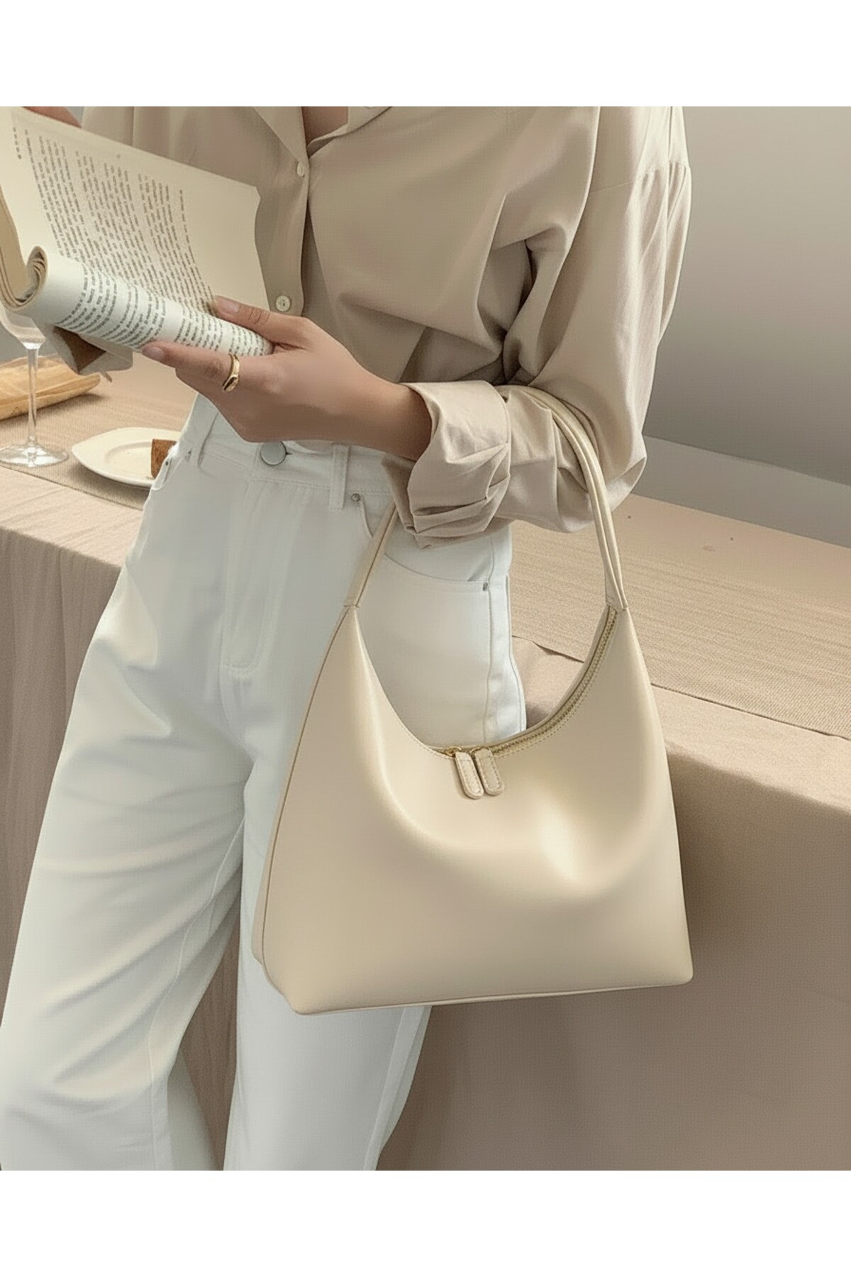 Lunera Vintage Double Zipper Handbag Sleeve Shoulder Bag Cream