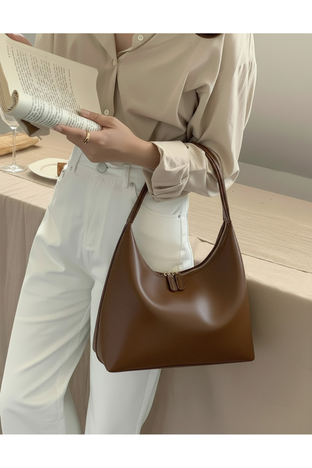 Lunera Vintage Double Zipper Hand Sleeve Shoulder Bag Brown