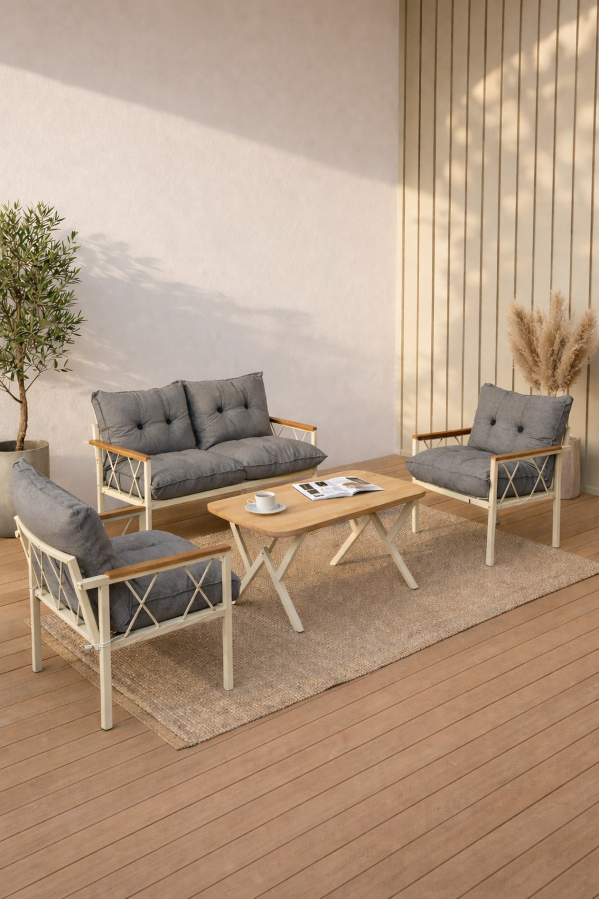 Miray Cream 211 Table Gray Zipper Buttoned Garden Seating Group Balcony Seating Set Living Room Terrace