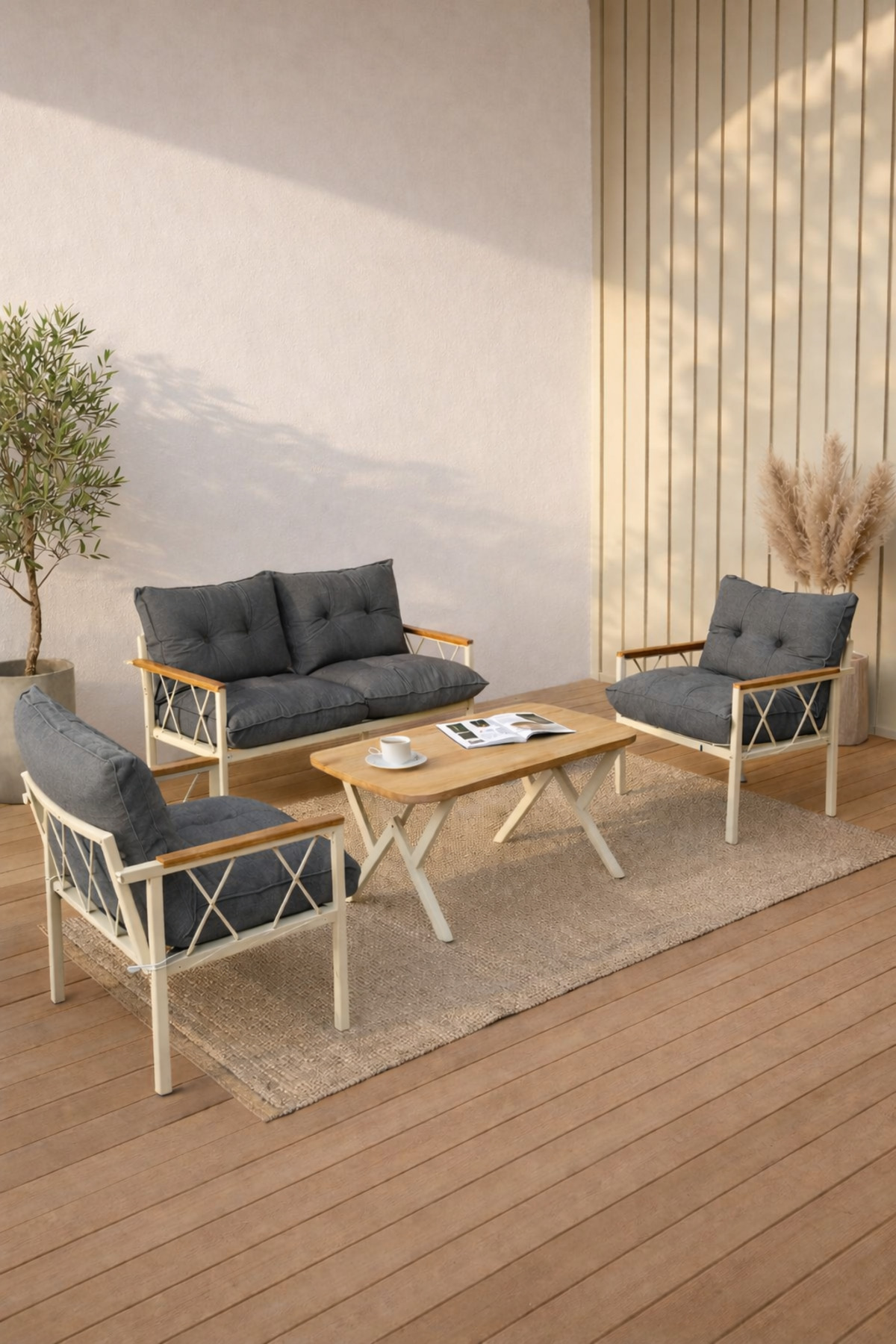 Miray Cream 211 Table Anthracite Zippered Buttoned Garden Seating Group Balcony Seating Set Living Room Terrace