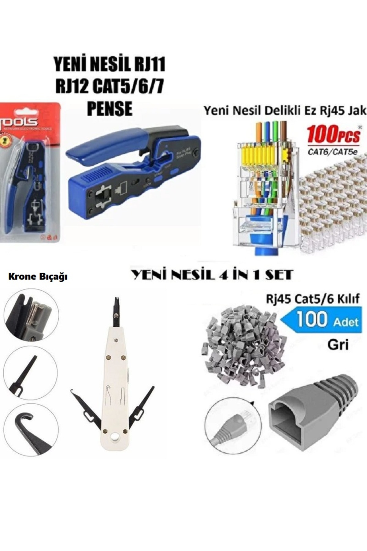 Yeni Nesil Pense Cat7/6A/Cat6 + 100 Adet Cover + 100 Adet Delikli Rj45 Jak +Krone Bıçağı Crimper