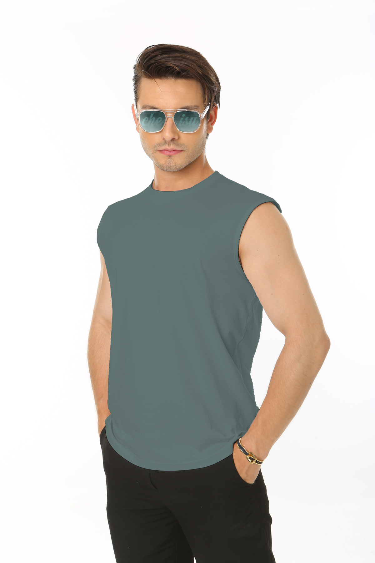 Men's Petroleum Green Crew Neck Tank Zero Sleeve Singlet 100% Cotton T-shirt
