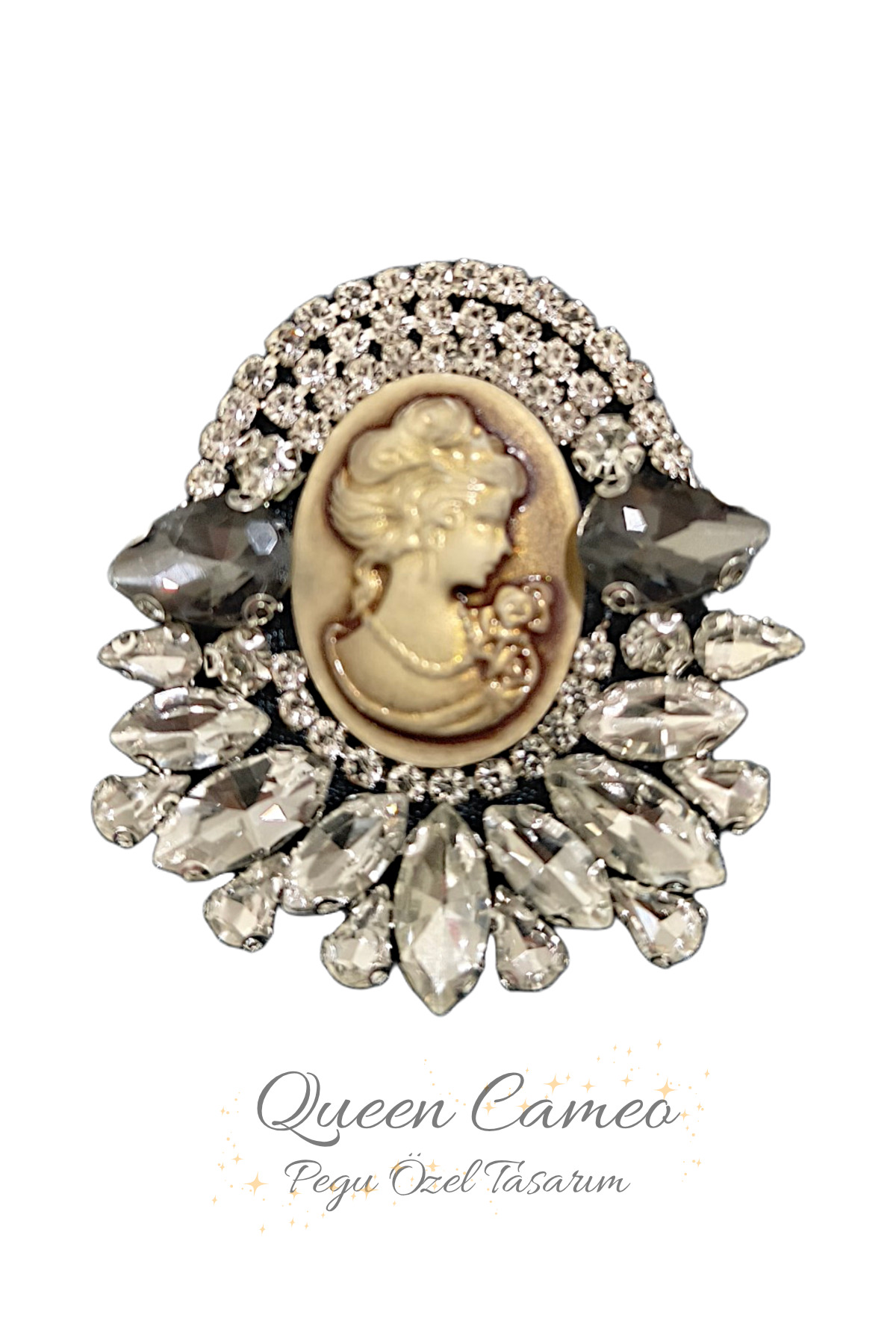 QUEEN CAMEO SPECIAL SERIES HANDMADE BROOCH WITH ANTHRACITE CRYSTAL GEMSTONE, NEEDLE ,SCHOOL,BAG SHIRT,JACKET