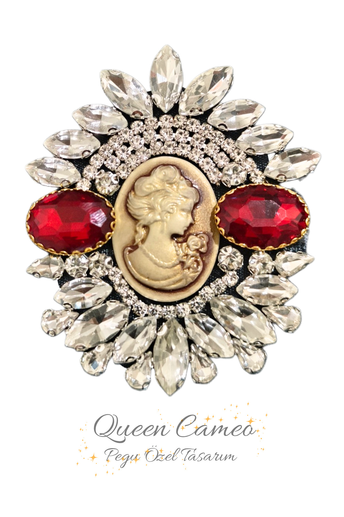 QUEEN CAMEO SPECIAL SERIES HANDMADE BROOCH WITH RED CRYSTAL GEMSTONE, NEEDLE ,SCHOOL,BAG SHIRT,JACKET