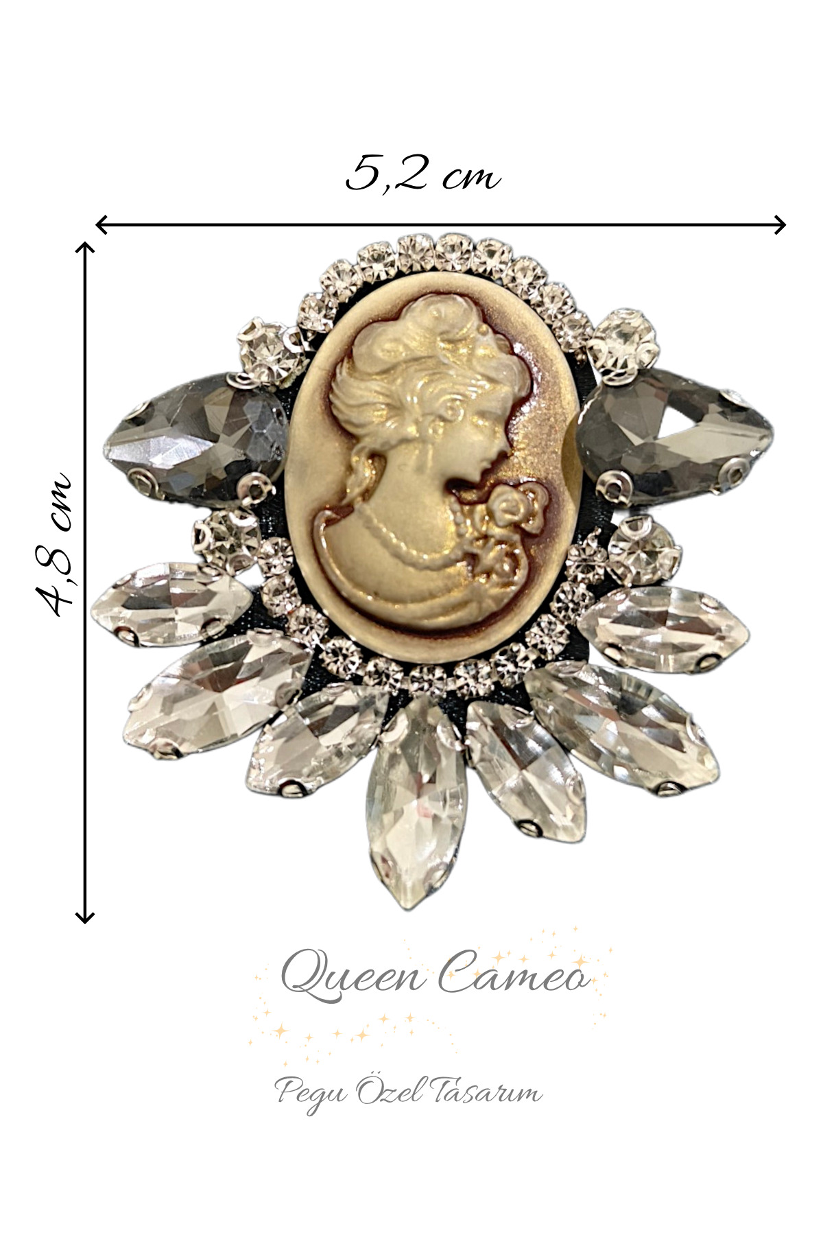 QUEEN CAMEO SPECIAL SERIES HANDMADE BROOCH WITH ANTHRACITE CRYSTAL GEMSTONE, NEEDLE ,SCHOOL,BAG SHIRT,JACKET