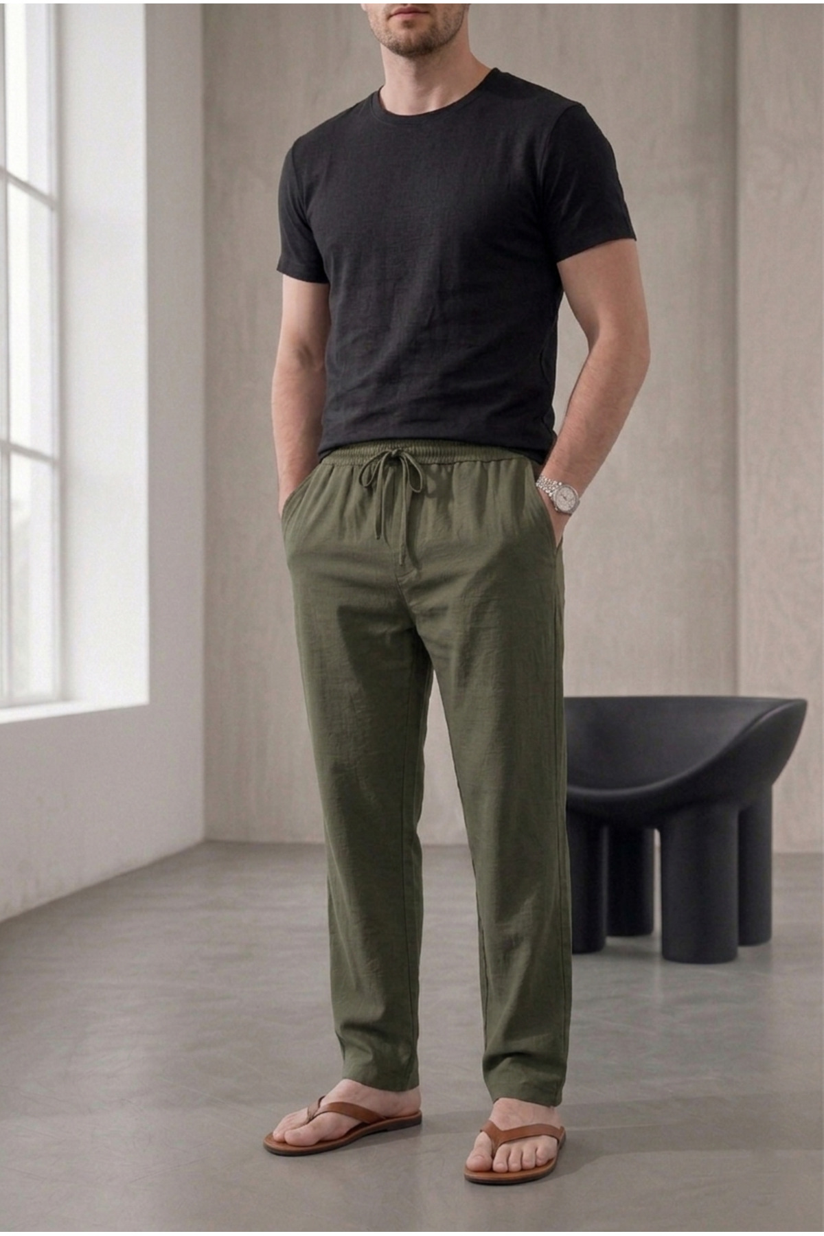 TheSeason Men's Khaki Cotton Linen Look Relaxed Fit Summer Trousers with Tie-Waist
