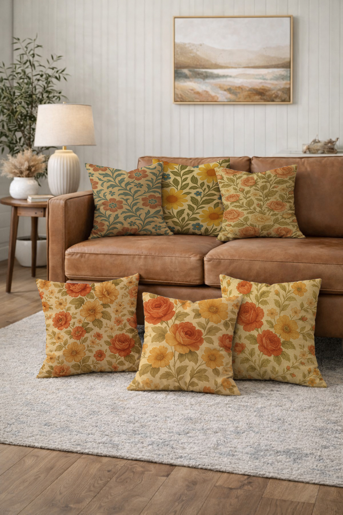 6-Piece Pillowcase Set 43x43 cm | Double Sided | Flower Patterned Yellow Orange Vintage