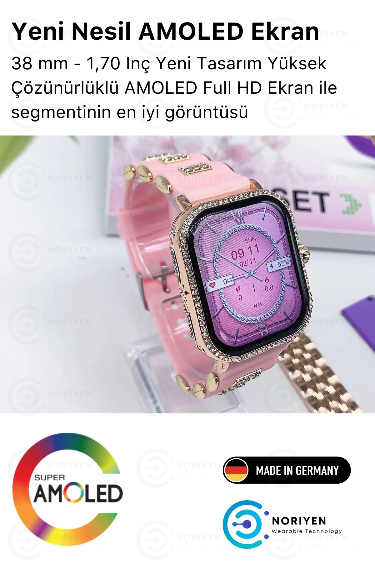 Kadınlara Özel G10 Mini Taşlı Şık Tasarım Özel Seri Türkçe Menü iOS Android Uyumlu Kadın Akıllı Saat