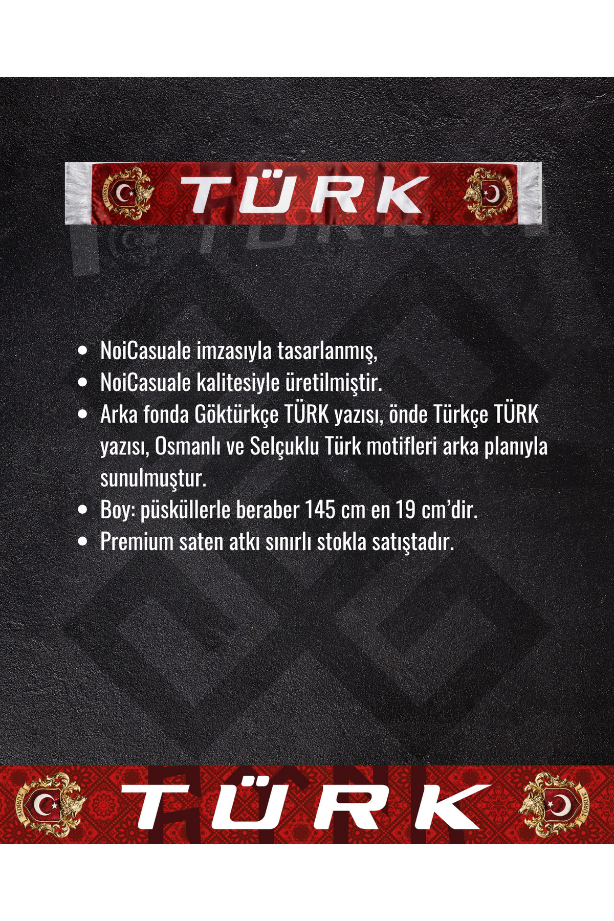 NoiCasuale TÜRK Yazılı Bozkurt Armalı Şal Saten Atkı görsel 5