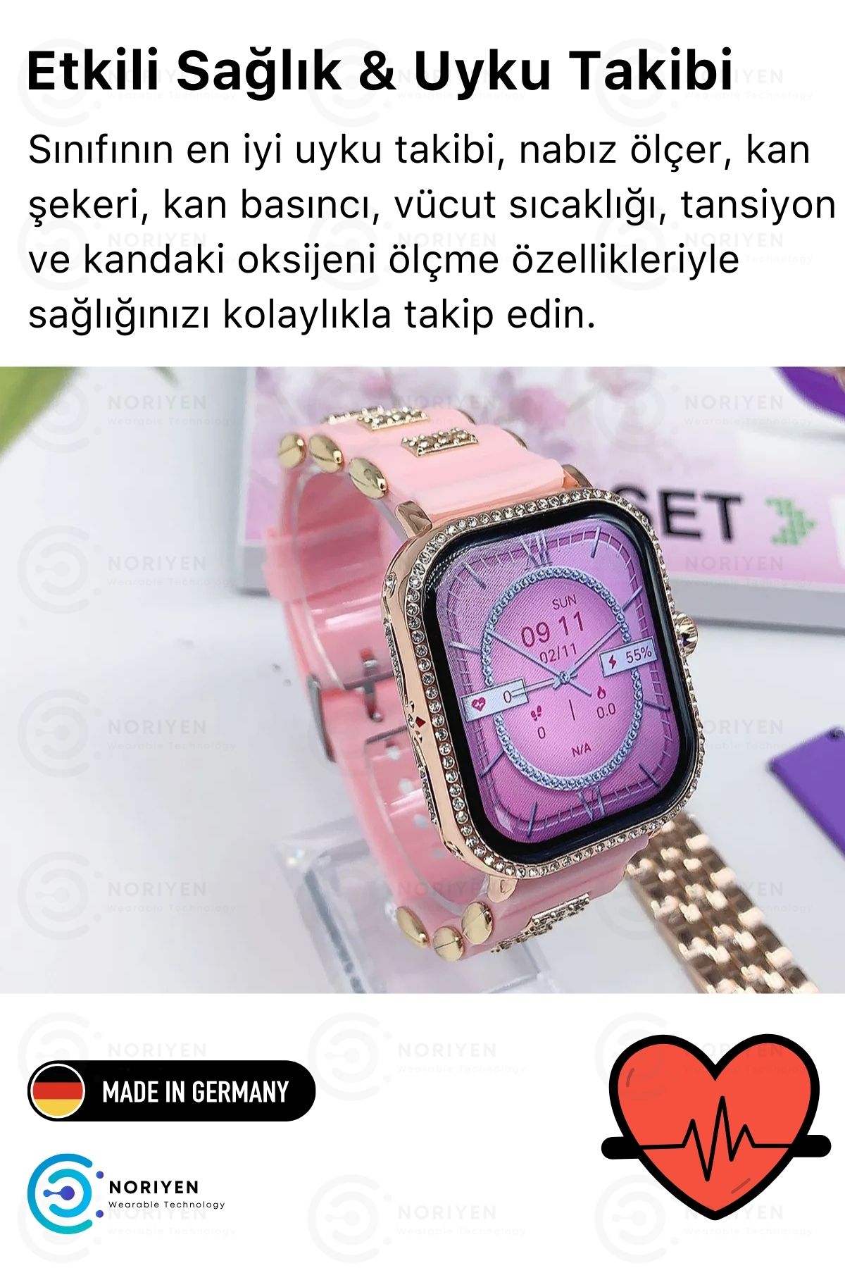 Kadınlara Özel G10 Mini Taşlı Şık Tasarım Özel Seri Türkçe Menü iOS Android Uyumlu Kadın Akıllı Saat