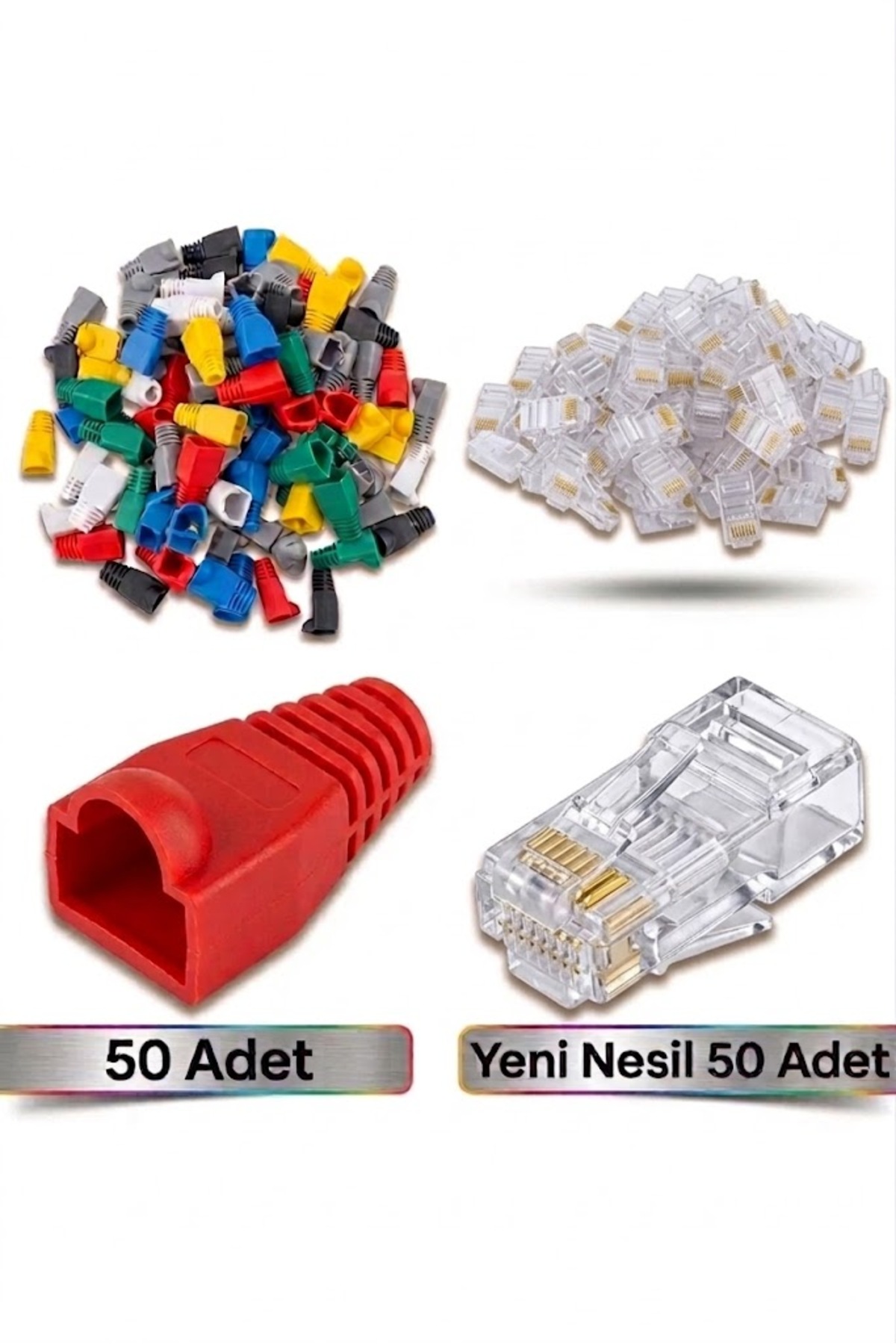 50 Adet Yeni Nesil Ez Rj45 8P8C + 50 Adet Cover Set RJ45 2in1 Cover Jak Ethernet Cover Set Rengarenk