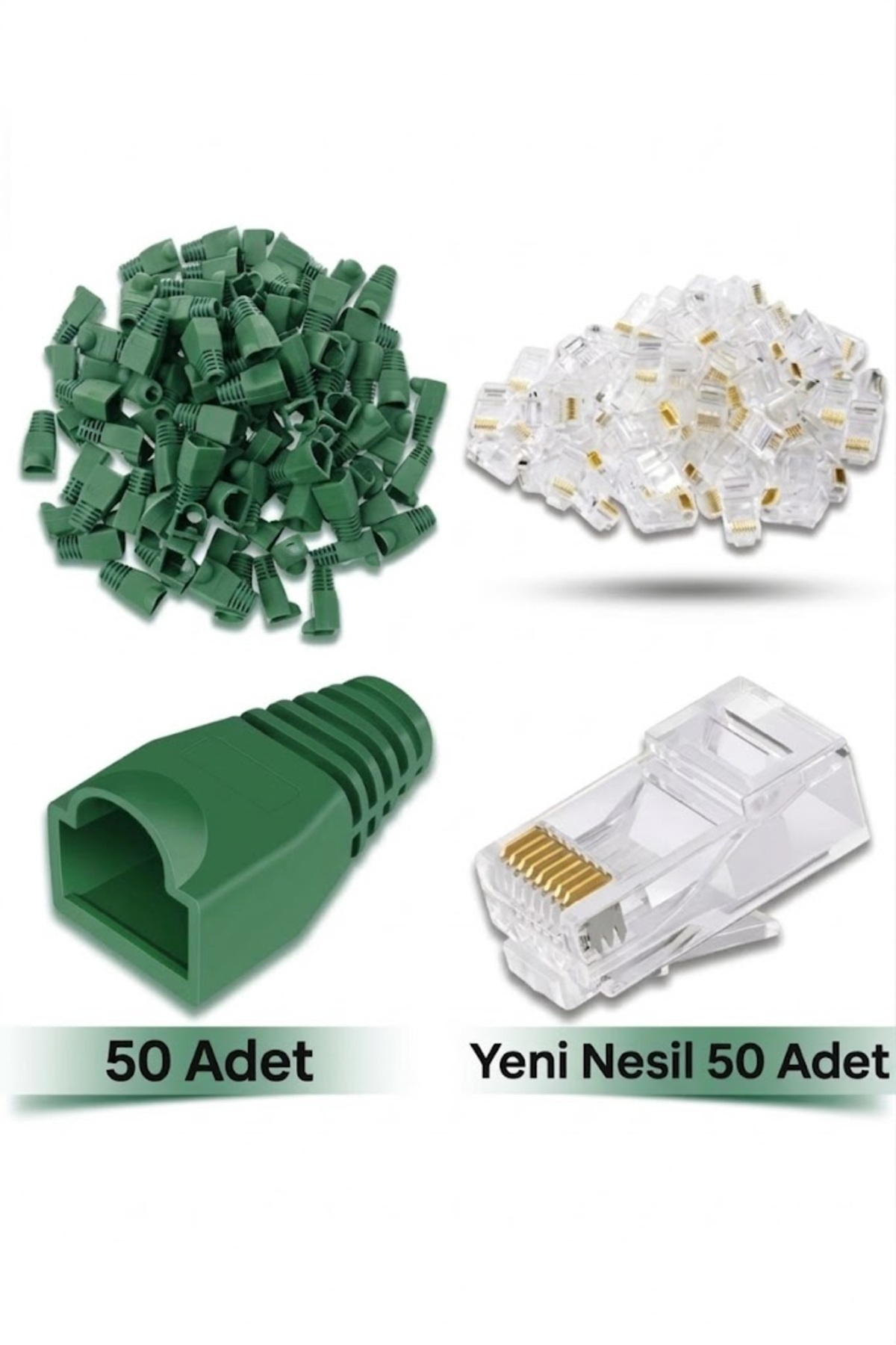 50 Adet Yeni Nesil Ez Rj45 8P8C + 50 Adet Cover Set RJ45 2in1 Cover Jak Ethernet Soket Set Yeşil