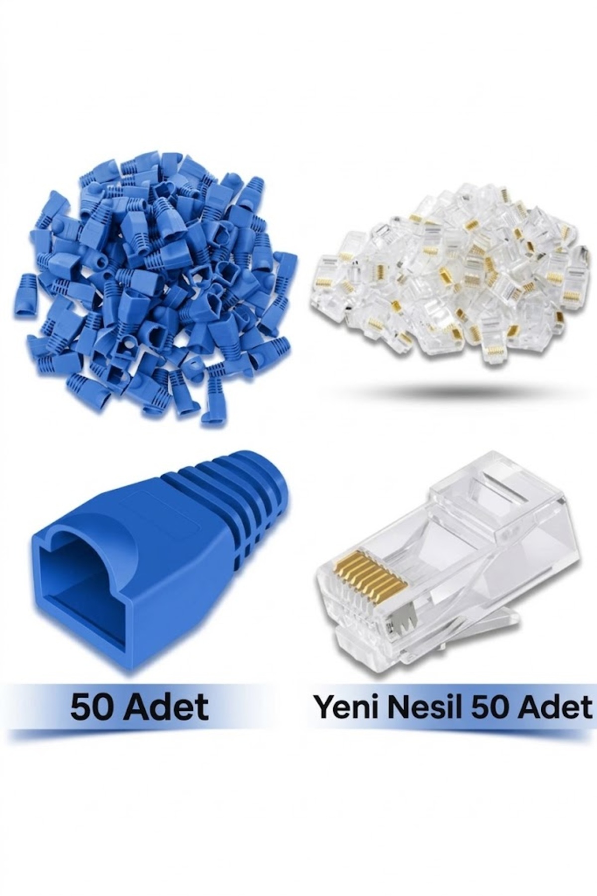 50 Adet Yeni Nesil Ez Rj45 8P8C + 50 Adet Cover Set RJ45 2in1 Cover Jak Ethernet Soket Set Mavi