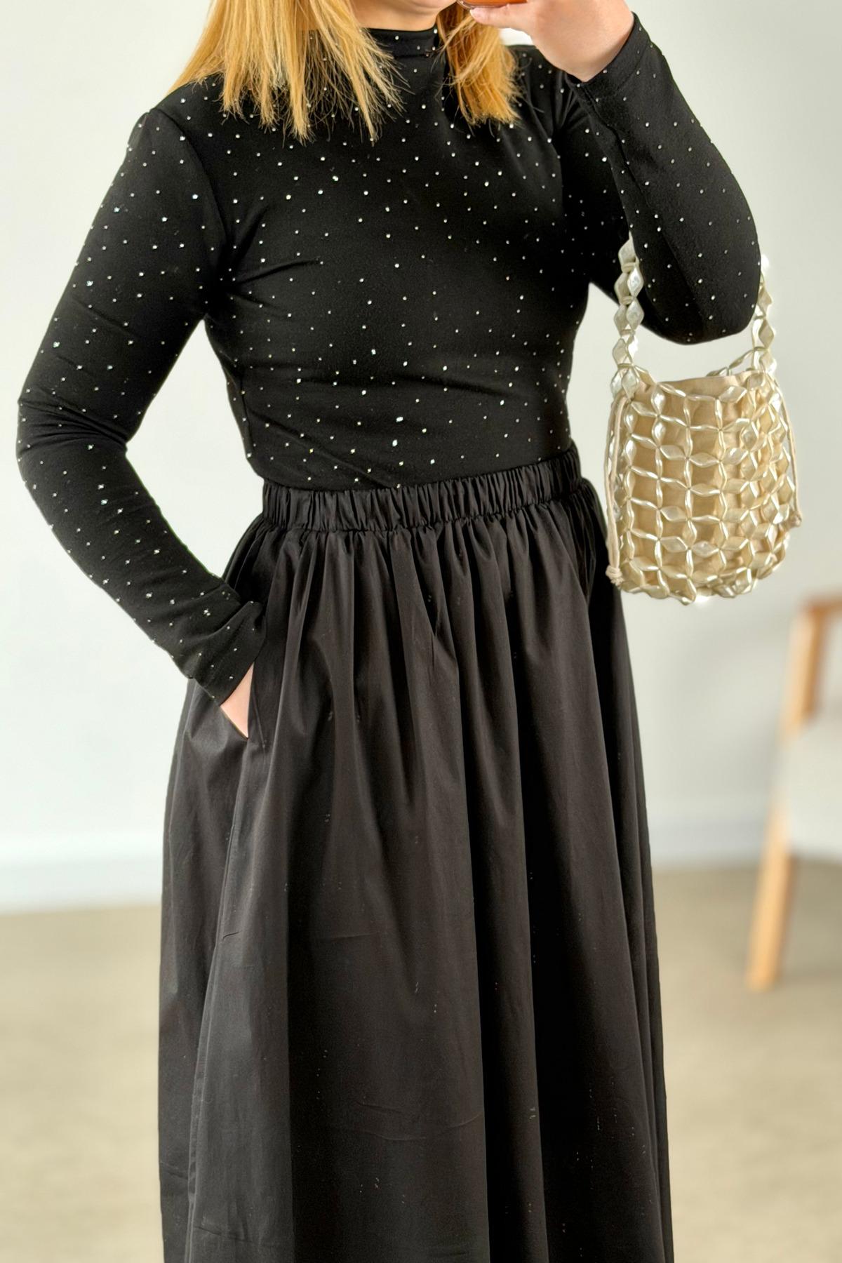 CHUL  Kadın Büyük Beden Poplin Parçalı Büzgülü Cepli etek - siyah - Görsel 4