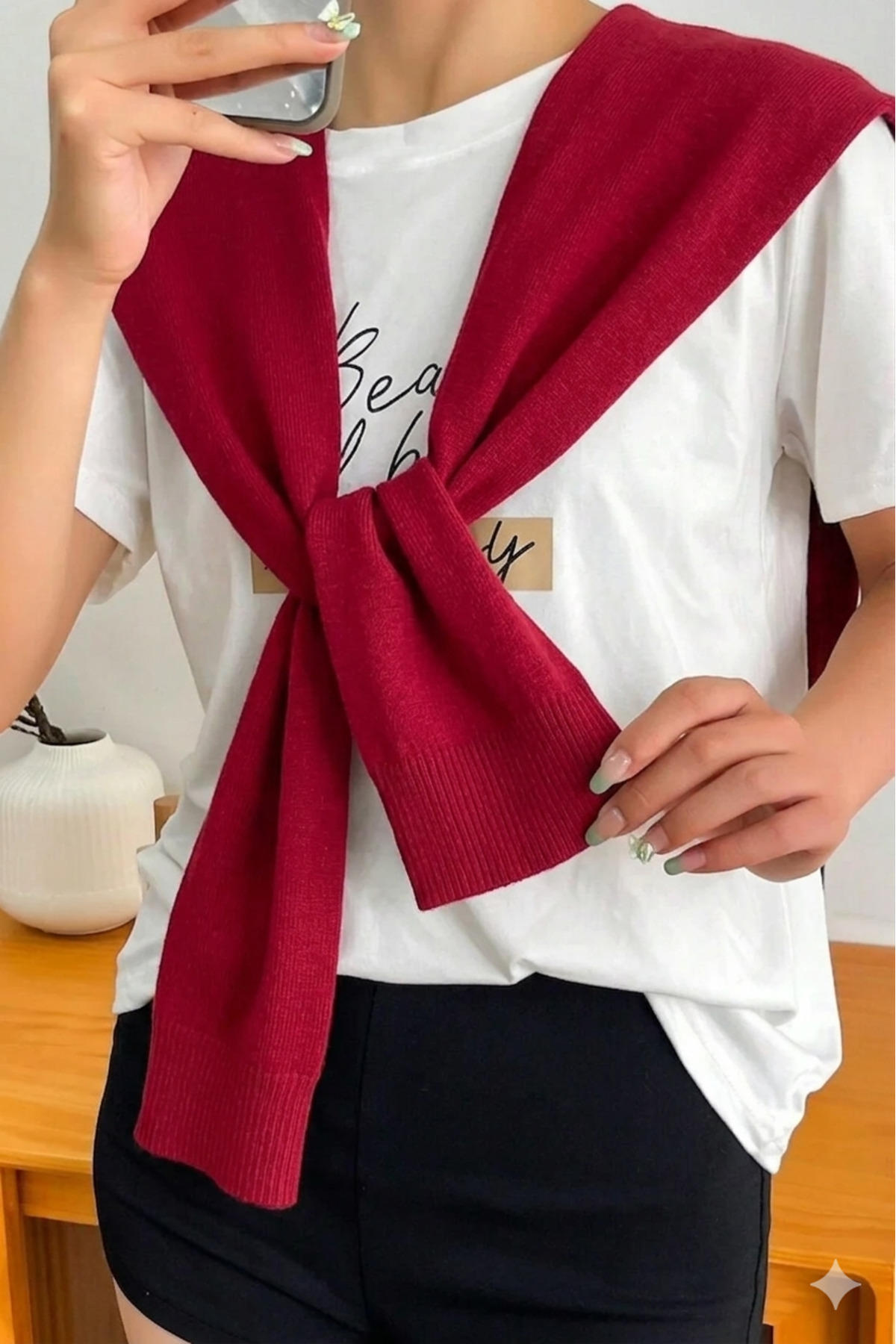 Moibody  %100 Akrilik Triko Örme Ofis ve Günlük Moda Omuz Şalı Kırmızı - Görsel 5