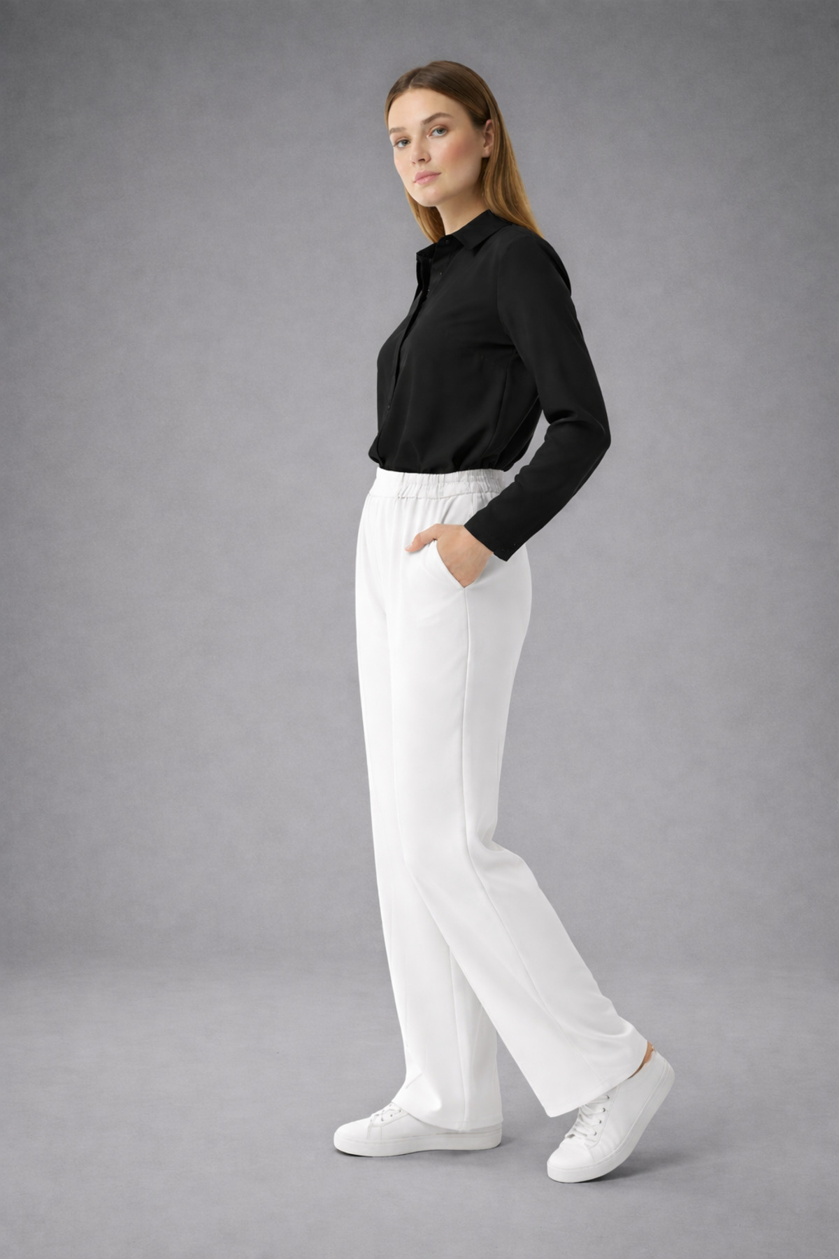 Hamiyet Doğan  Bol Paça Beli Lastikli Kadın Kumaş Pantolon - Görsel 3