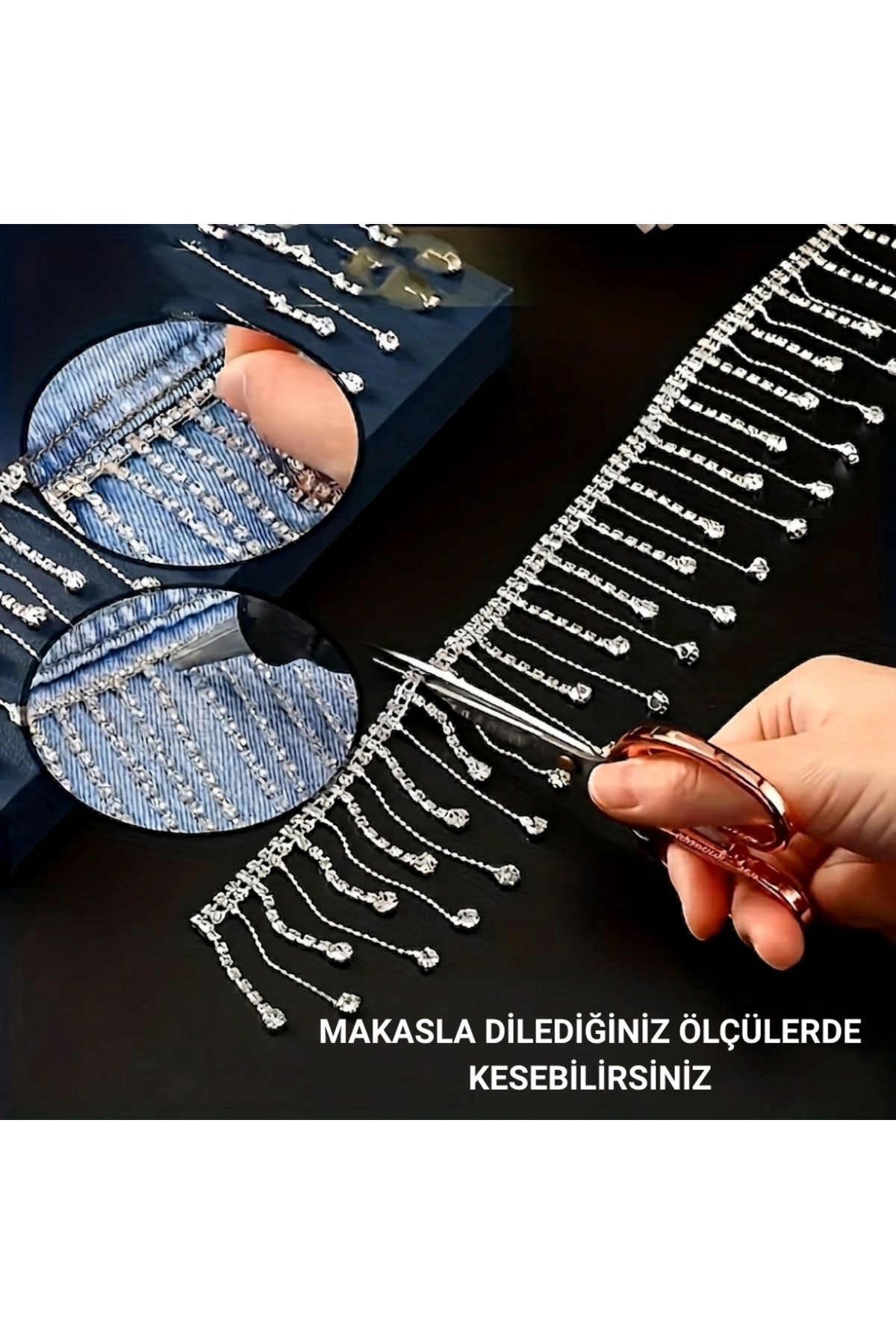 İşleme Şerit, Elbise Abiye Süsleme, Dikilebilir Taşlı Gümüş Renk Zincirli Saçak Şerit (1metre)