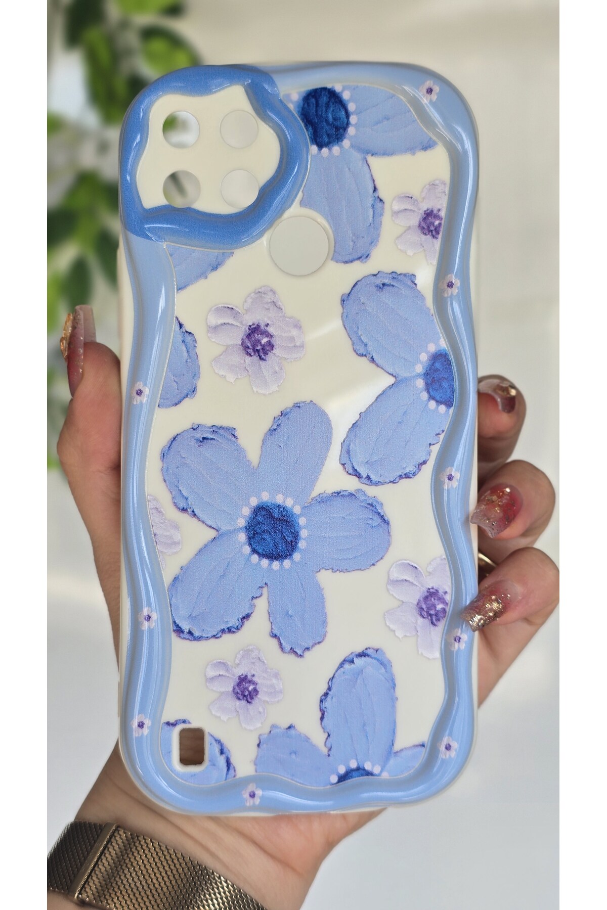 Realme C21Y / Realme C25Y Case Crayon Blue Daisy Pattern Camera Protected Color Silicone Cover