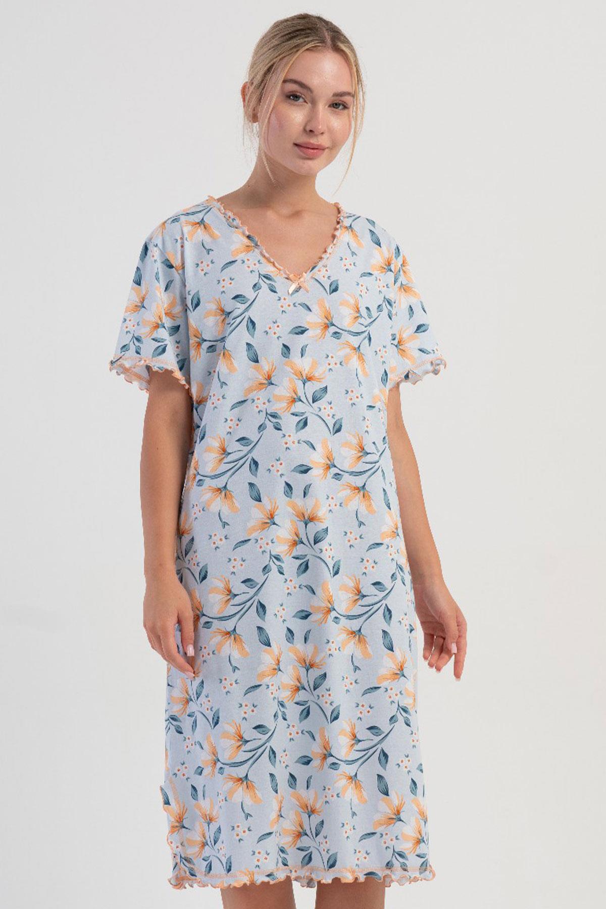 Women's Short Sleeve V-Neck Blue Nightgown with Slit C4T6N1705